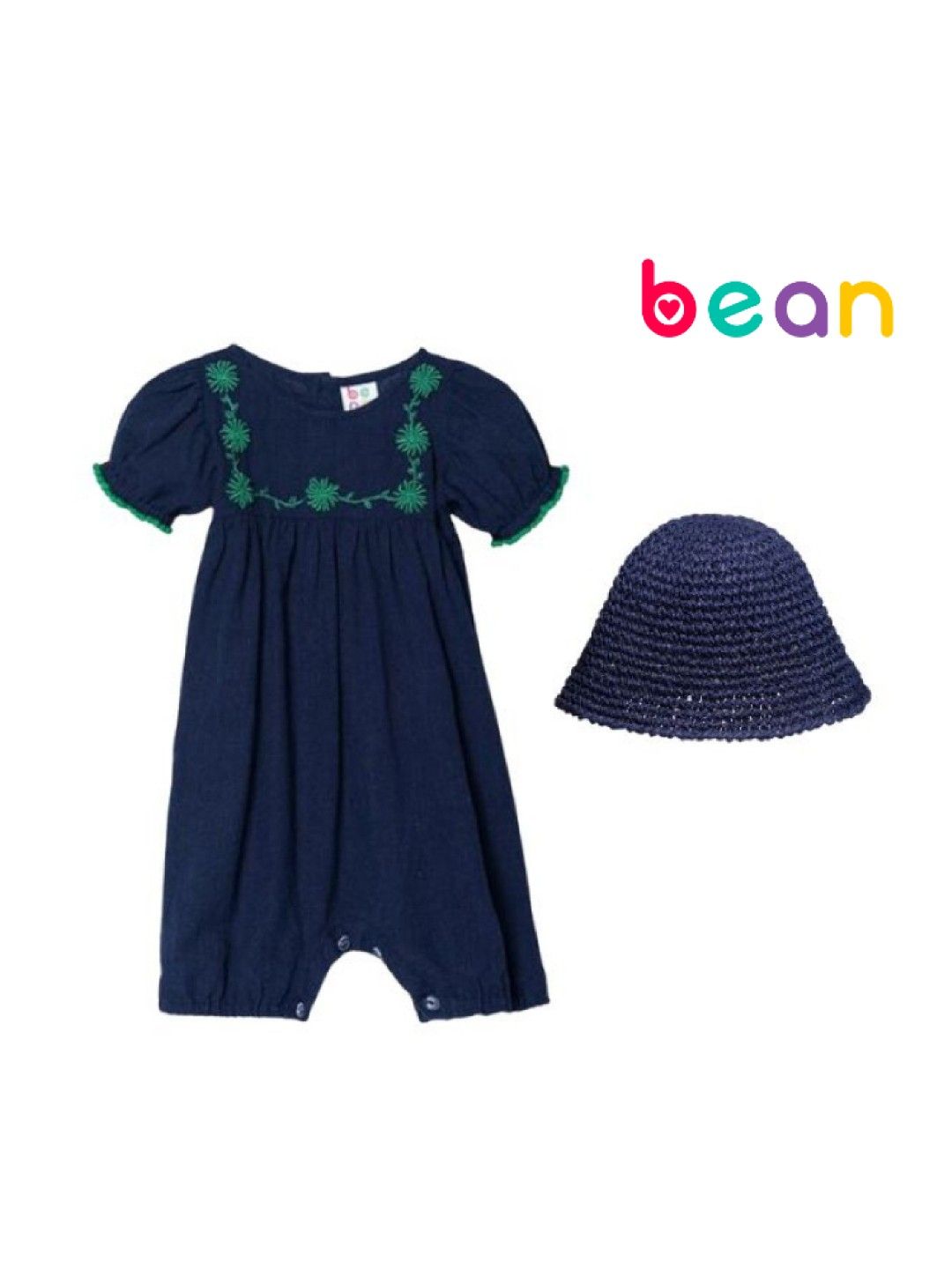 bean fashion Floral Flair Jasmine Pompom Puff Sleeve Embroided Romper with Hat (Navy- Image 1)