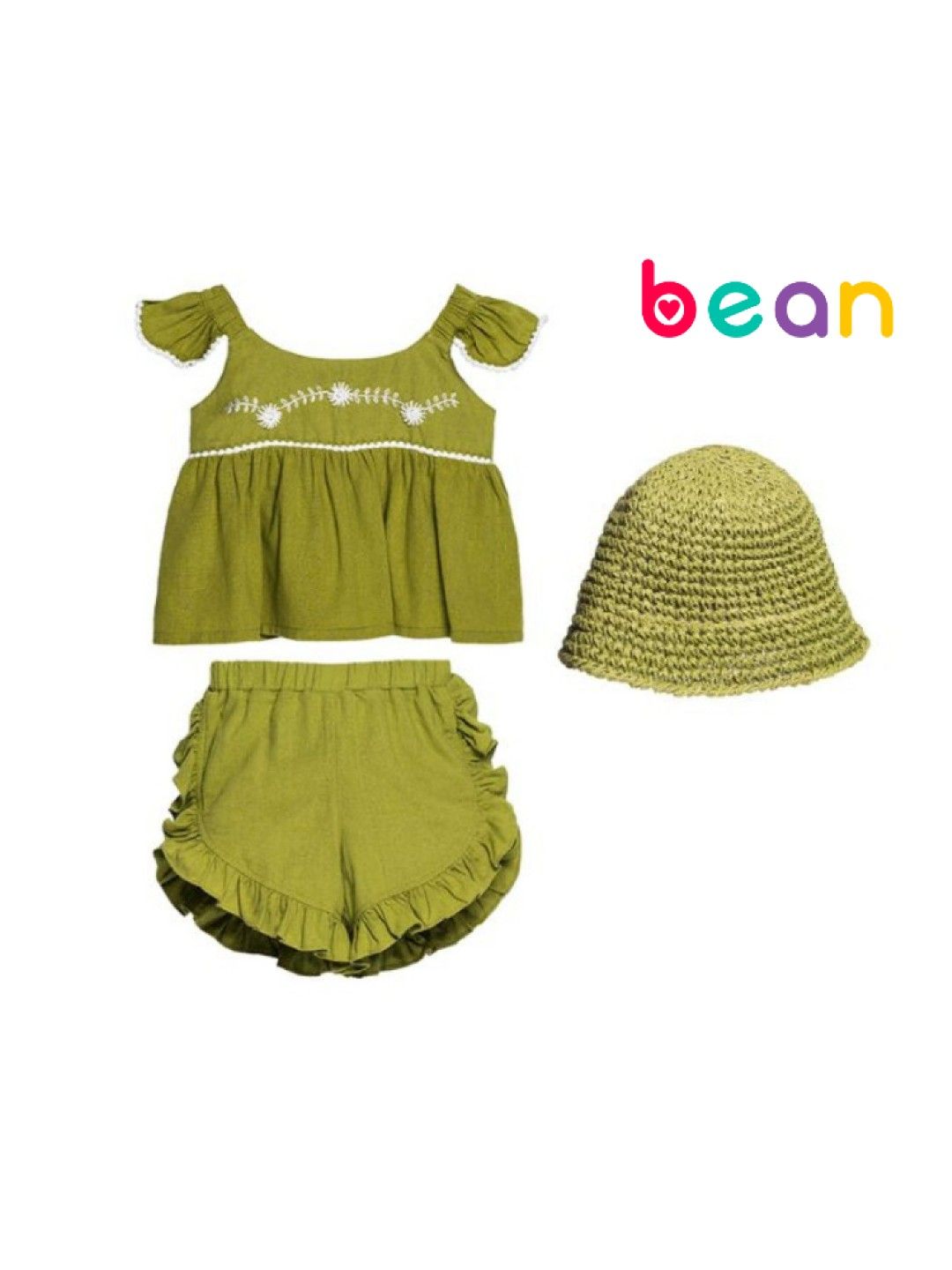 bean fashion Floral Flair Siar Ruffled Pompom Sleeve Top and Ruffled Shorts with Hat (Light Green- Image 1)