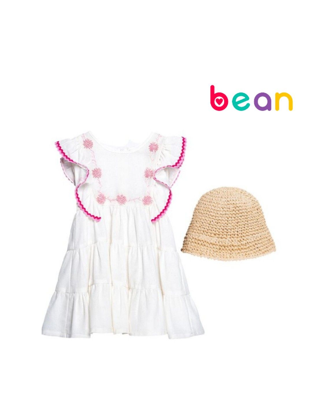 bean fashion Floral Flair Camia Ricrac Sleeve Embroidered Tiered Dress and Hat (White- Image 1)