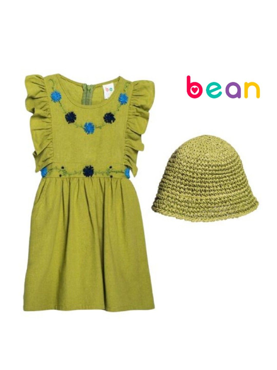 bean fashion Floral Flair Mara Ruffled Sleeve Embroidered Dress with Hat (Light Green- Image 1)