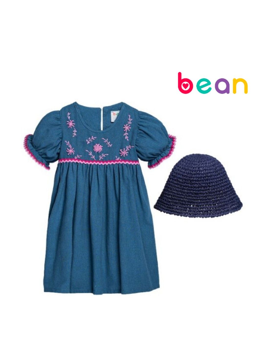 bean fashion Floral Flair Mela Ricrac Puff Sleeve Embroidered Dress with Hat