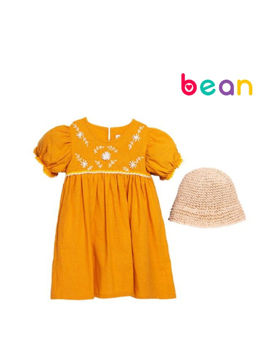 bean fashion Floral Flair Mela Ricrac Puff Sleeve Embroidered Dress with Hat