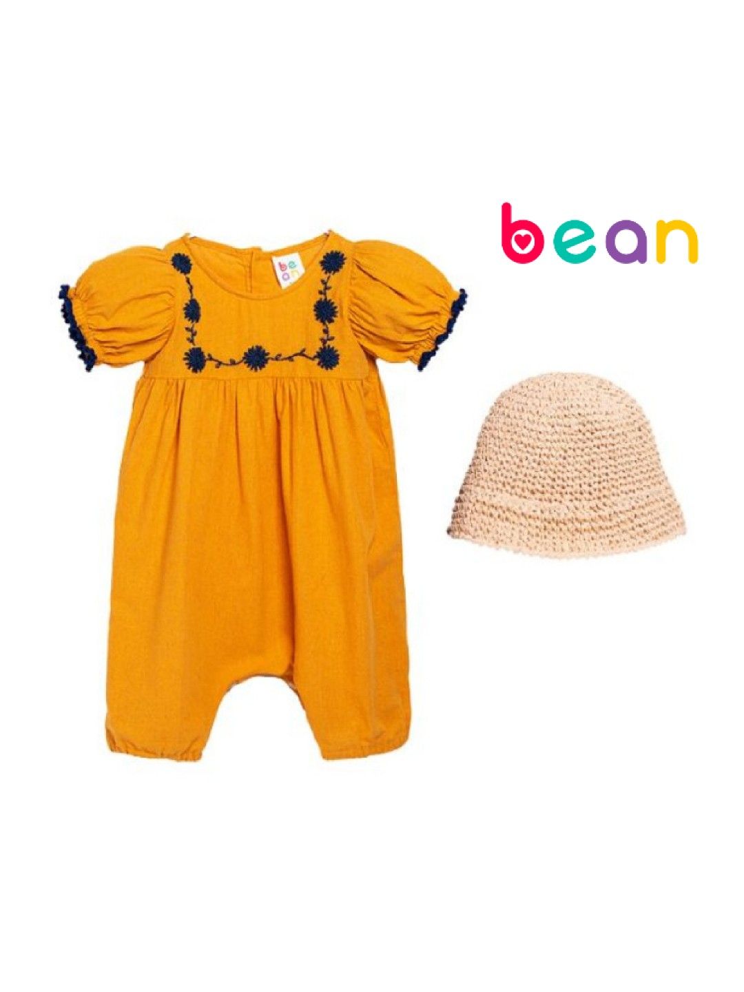 bean fashion Floral Flair Jasmine Pompom Puff Sleeve Embroided Romper with Hat