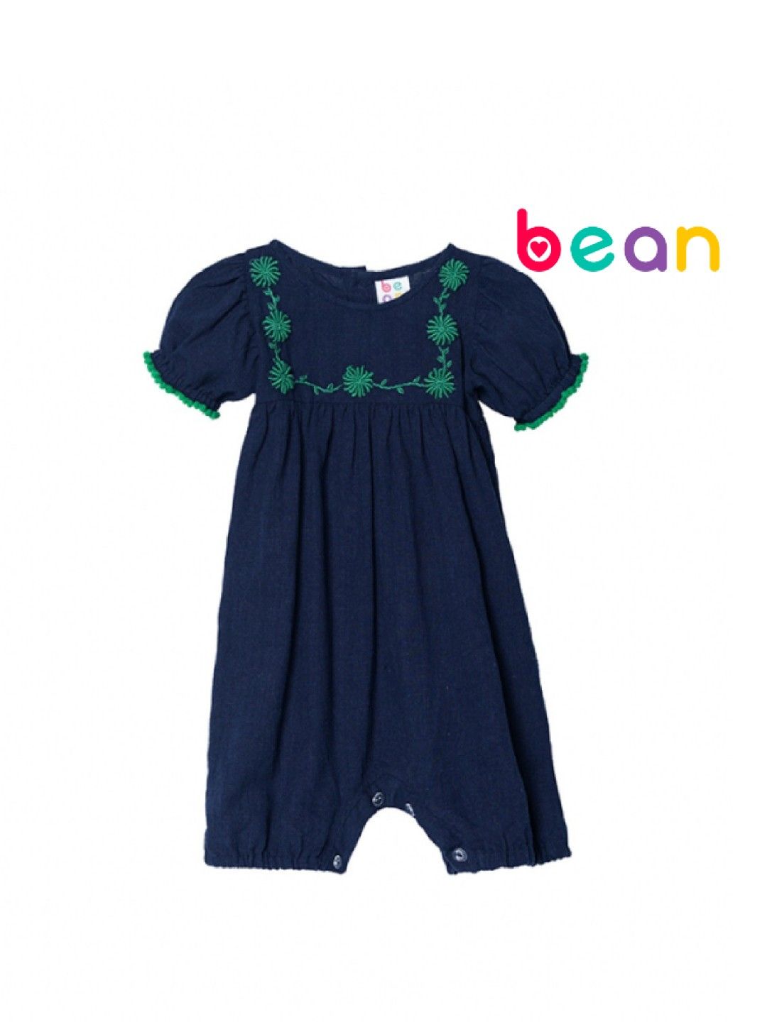 bean fashion Floral Flair Jasmine Pompom Puff Sleeve Embroided Romper