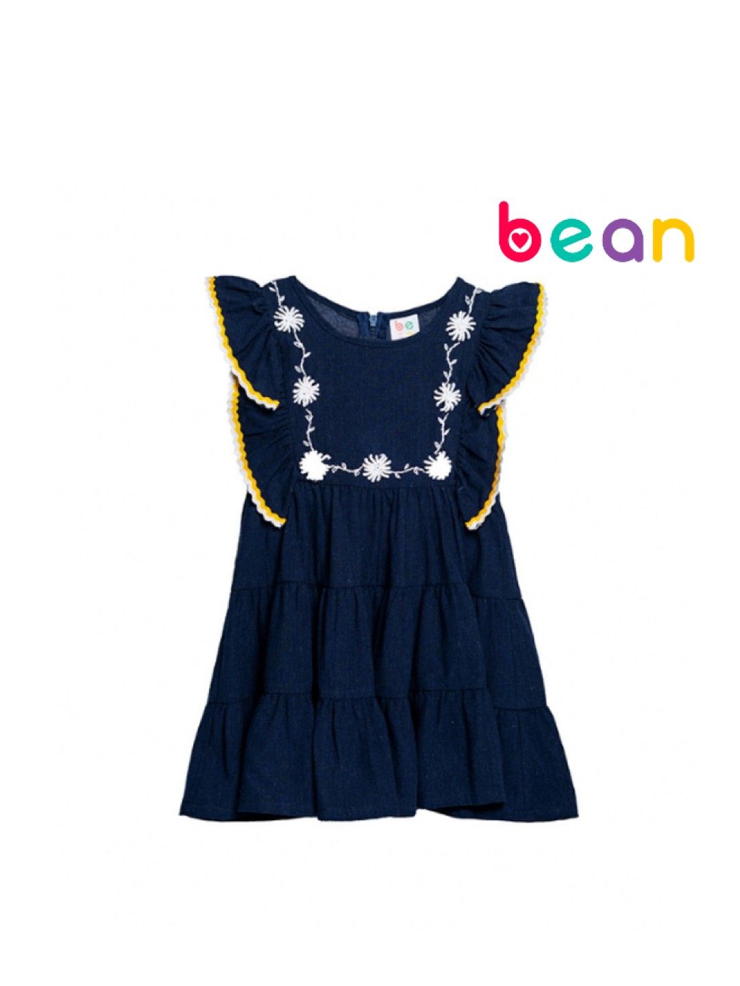 bean fashion Floral Flair Camia Ricrac Sleeve Embroidered Tiered Dress (Navy- Image 1)
