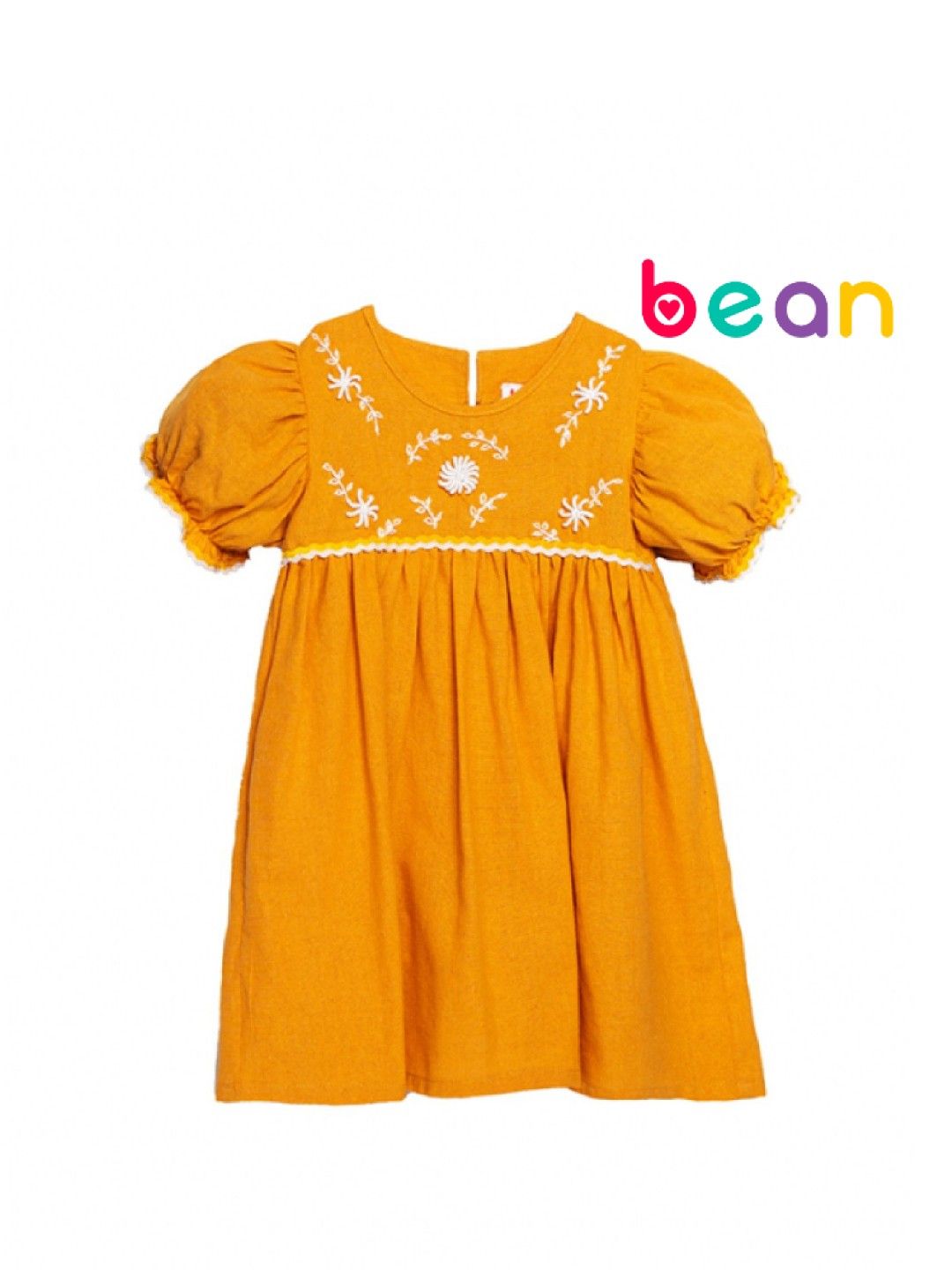 bean fashion Floral Flair Mela Ricrac Puff Sleeve Embroidered Dress (Yellow- Image 1)