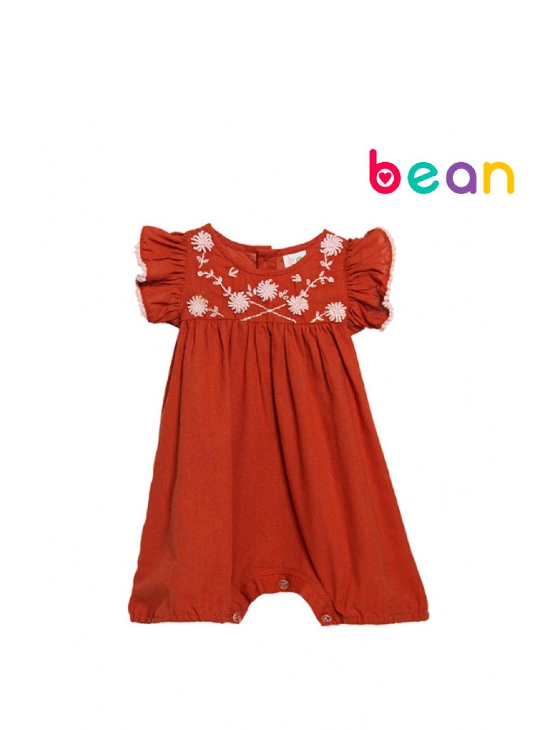 bean fashion Floral Flair Santan Ruffled Pompom Sleeve Embroided Romper