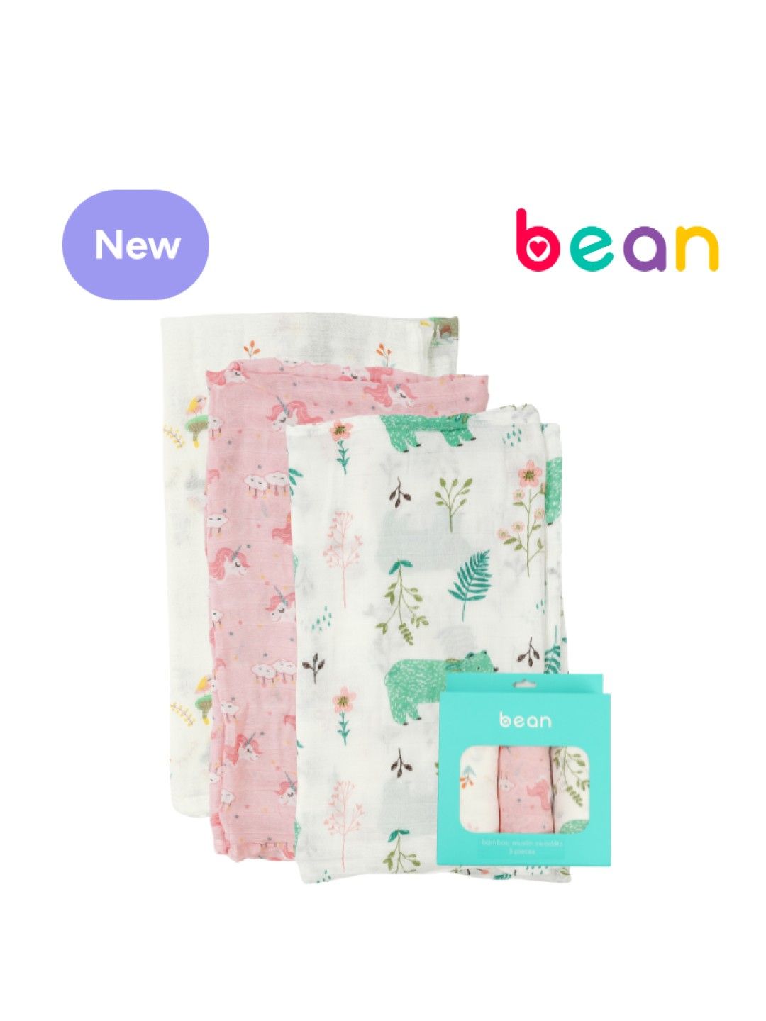 bean Bamboo Muslin Swaddles Pack of 3 Unicorn