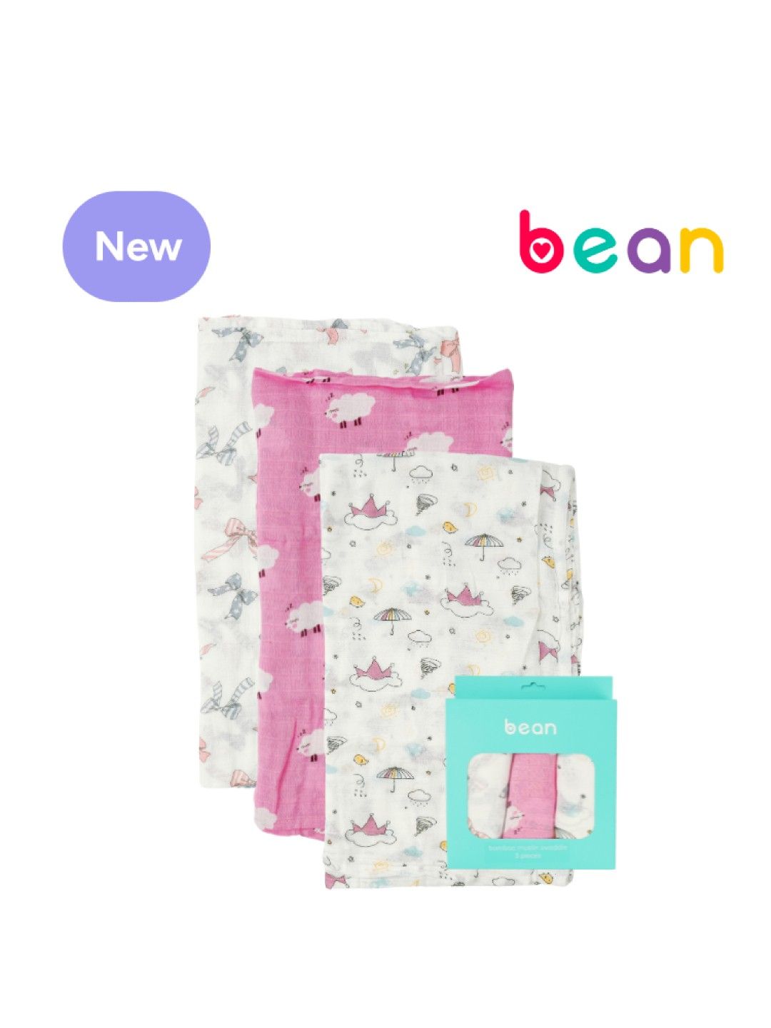 bean Bamboo Muslin Swaddles Pack of 3 Pink Sheep