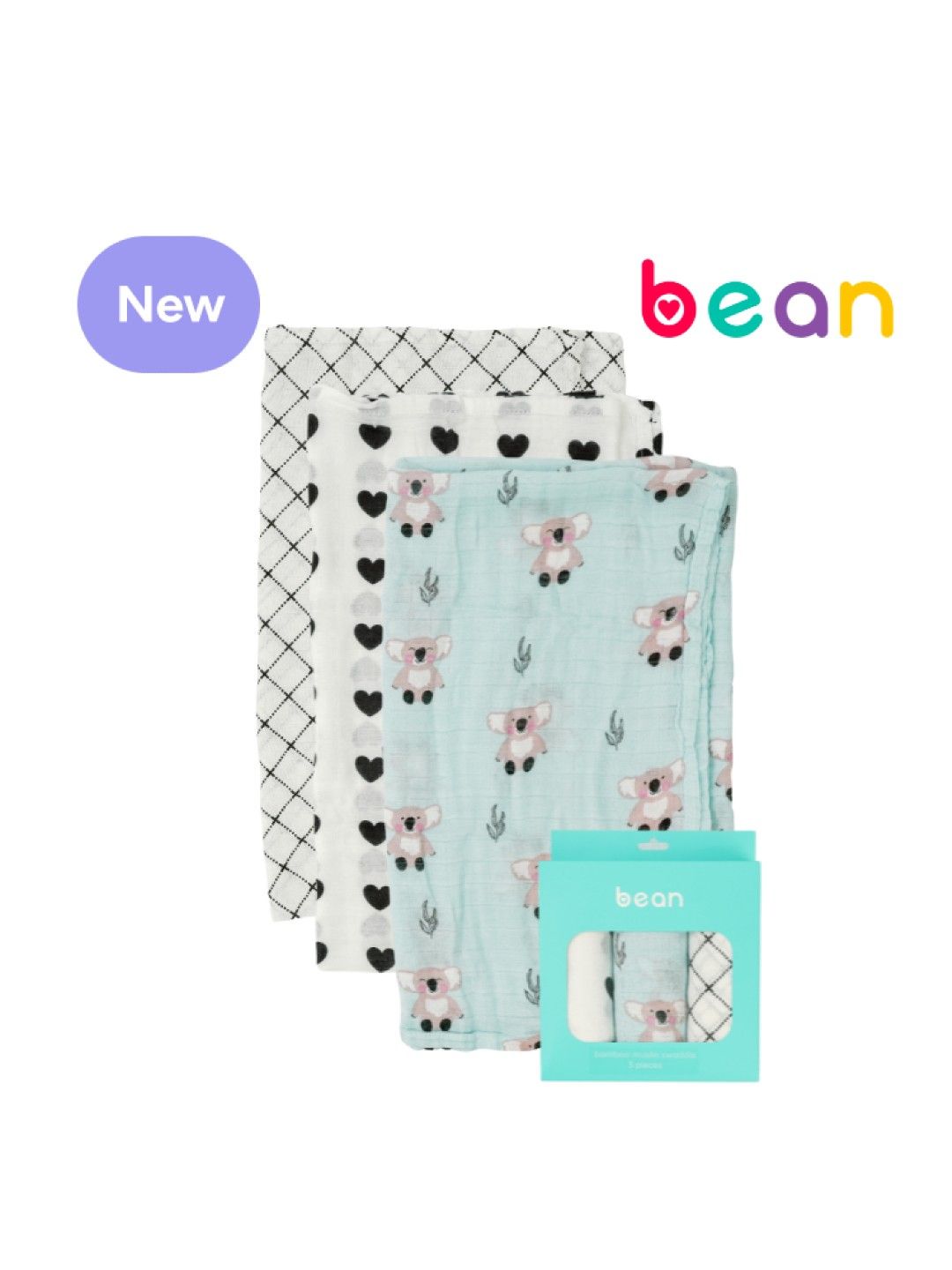 bean Bamboo Muslin Swaddles Pack of 3 Koala