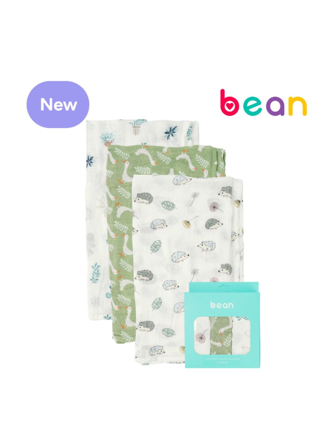 bean Bamboo Muslin Swaddles Pack of 3 Quack Garden (Quack Garden- Image 1)