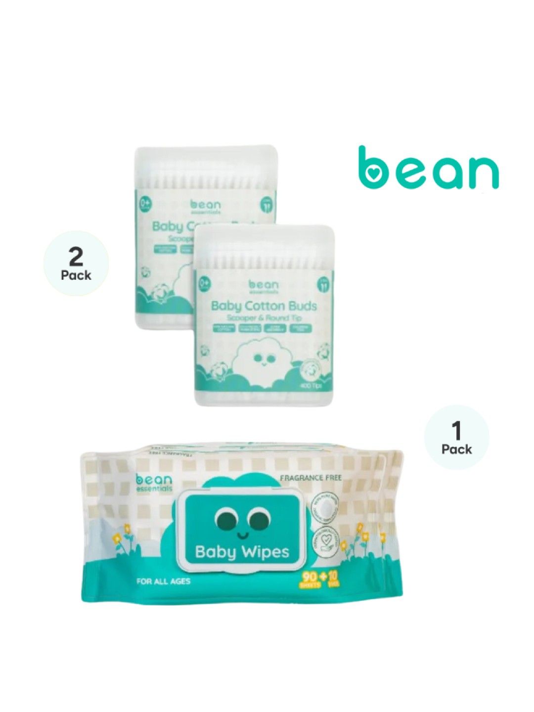 bean essentials [Bundle of 2] Scooper & Round Cotton Buds (400 tips) + Baby Wipes Fragrance Free