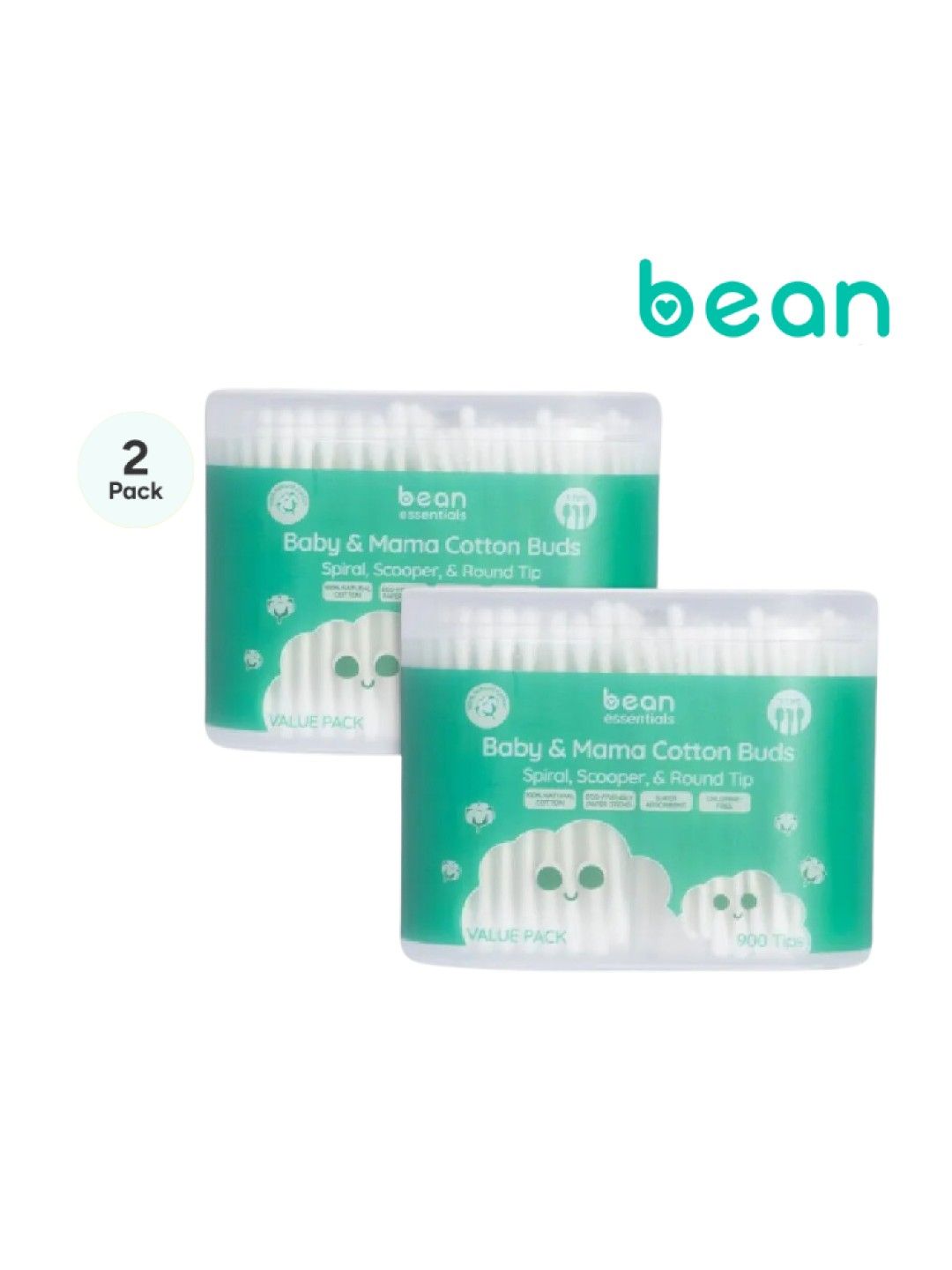 bean essentials [Bundle of 2] Family Value Pack Cotton buds (3 Tip Types, 900 tips) (No Color- Image 1)