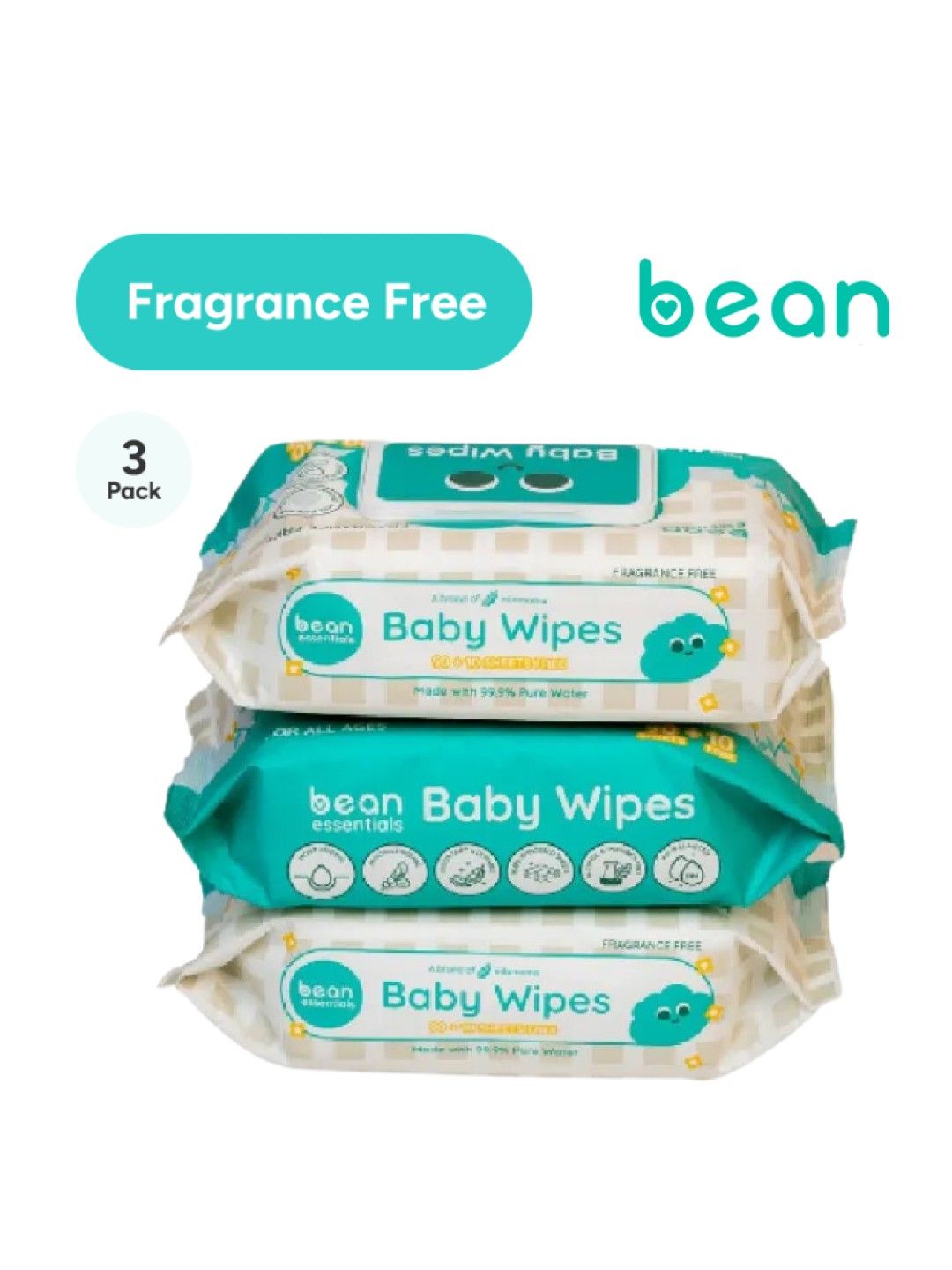 bean essentials [Bundle of 3] Baby Wipes Fragrance Free 3 x 100 sheets