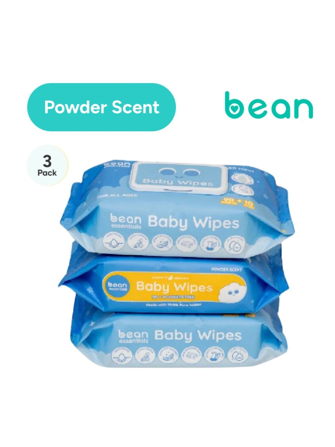 bean essentials [Bundle of 3] Baby Wipes Powder Scented 3 x 100 sheets (No Color- Image 1)