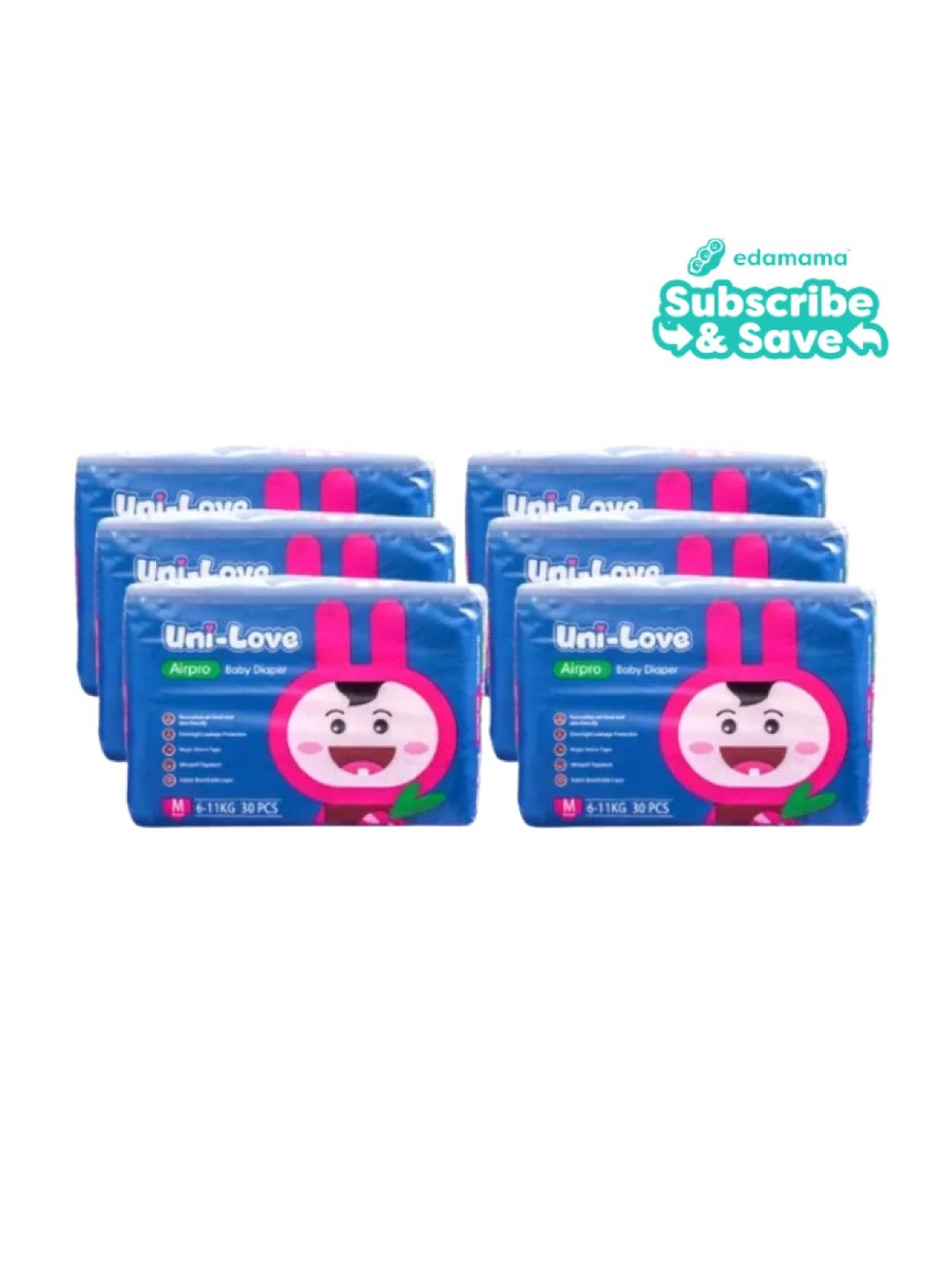 Uni-love [Bundle of 6] Airpro Baby Tape Diaper Medium (30pcs) - Subscription