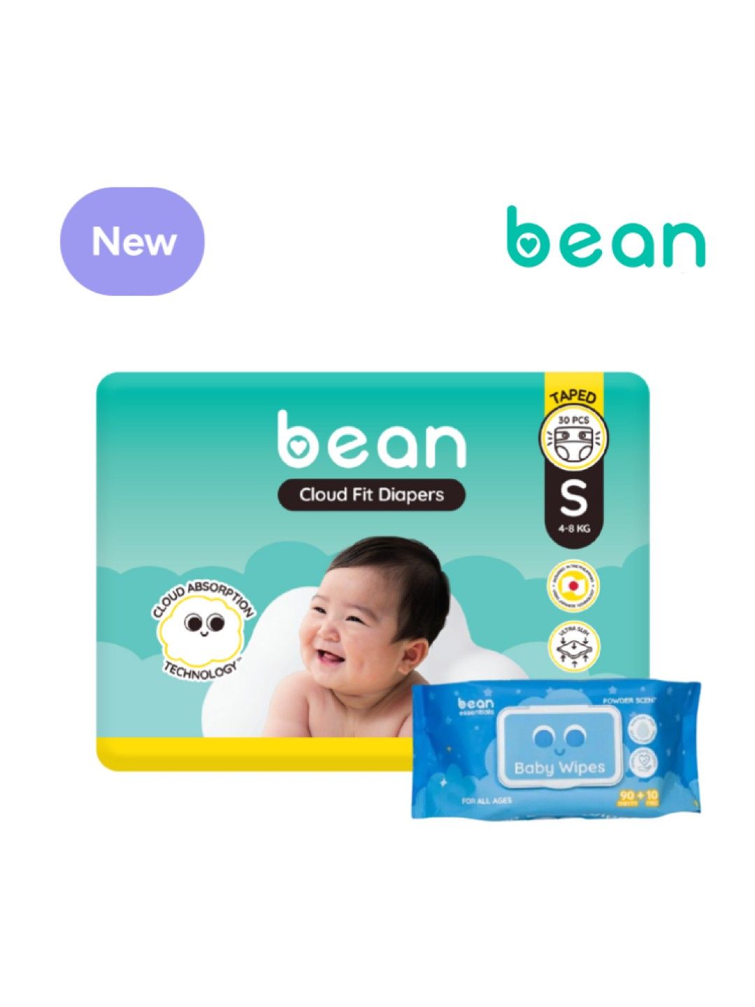 bean Cloud Fit Diapers Small (30s) + Powder Scent Wipes (100 sheets)