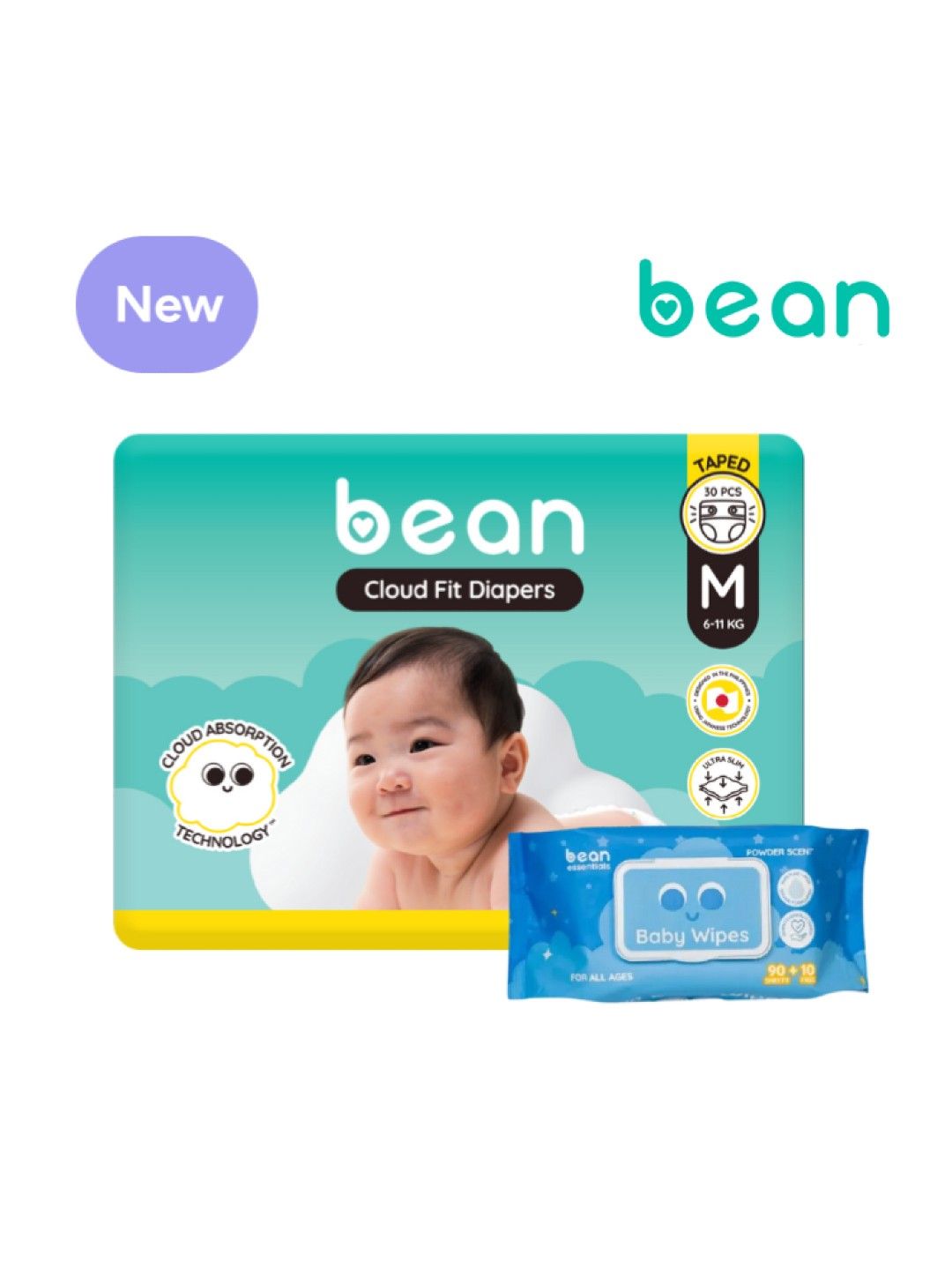 bean Cloud Fit Diapers Medium (30s) + Powder Scent Wipes (100 sheets)