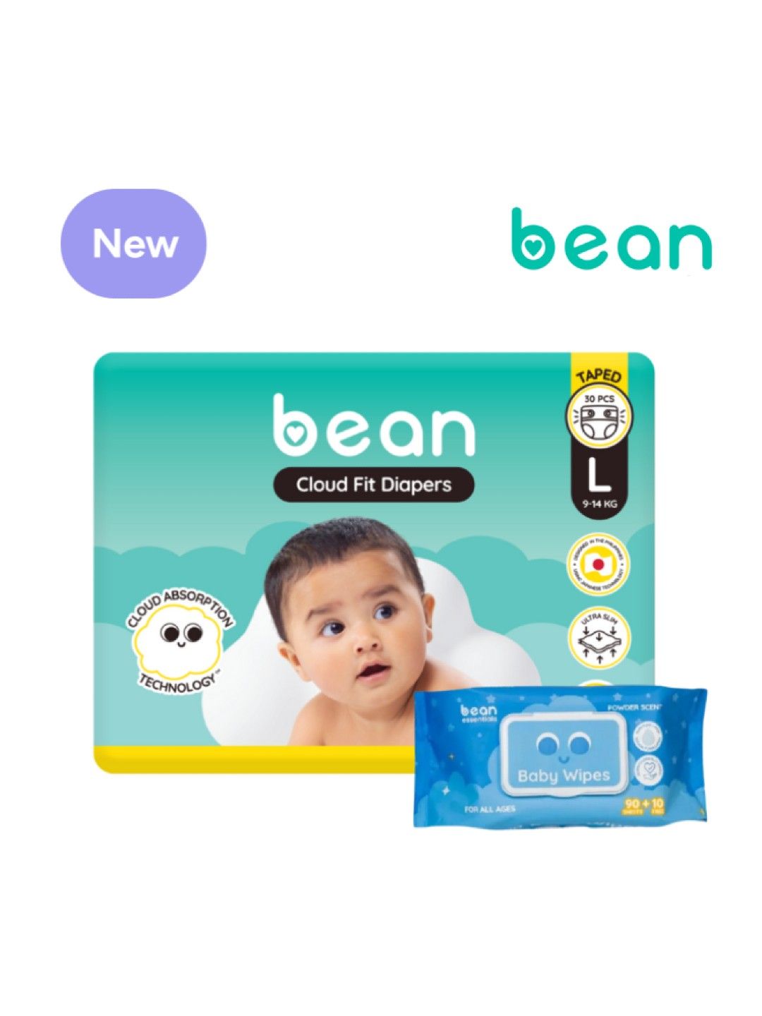 bean Cloud Fit Diapers Large (30s) + Powder Scent Wipes (100 sheets)