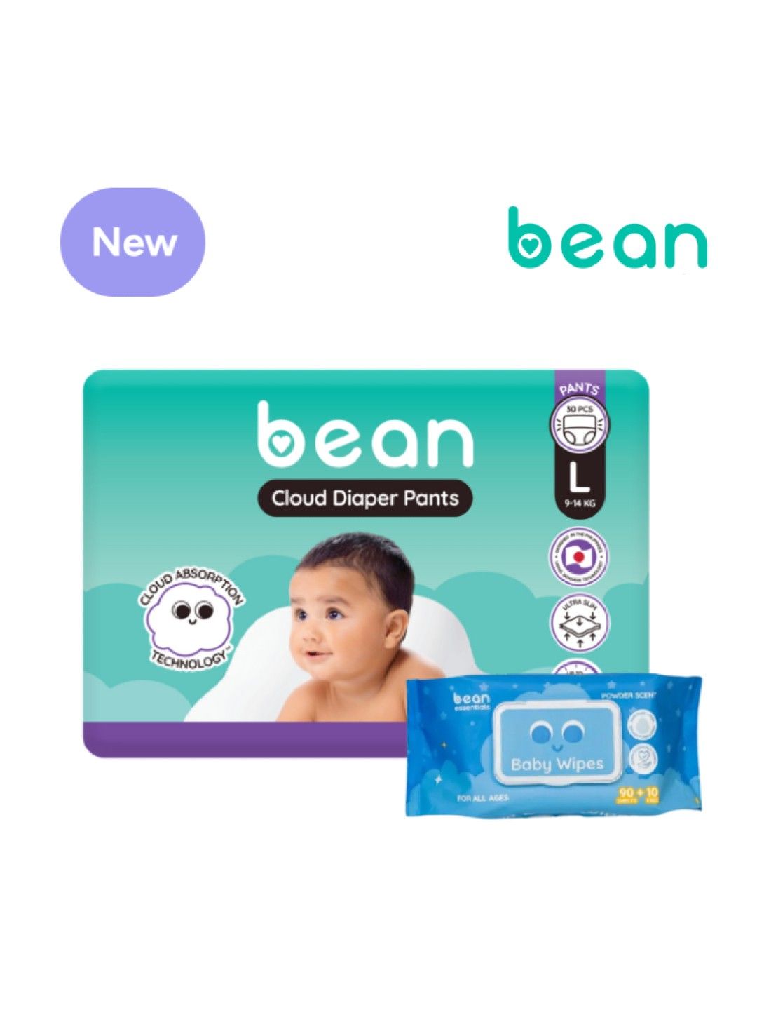 bean Cloud Diapers Pants Large (30s) + Powder Scent Wipes (100 sheets)