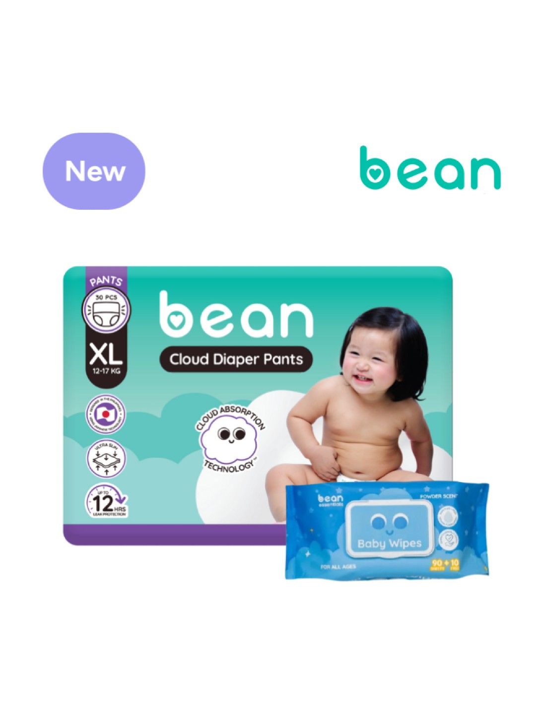 bean Cloud Diapers Pants XL (30s) + Powder Scent Wipes (100 sheets)