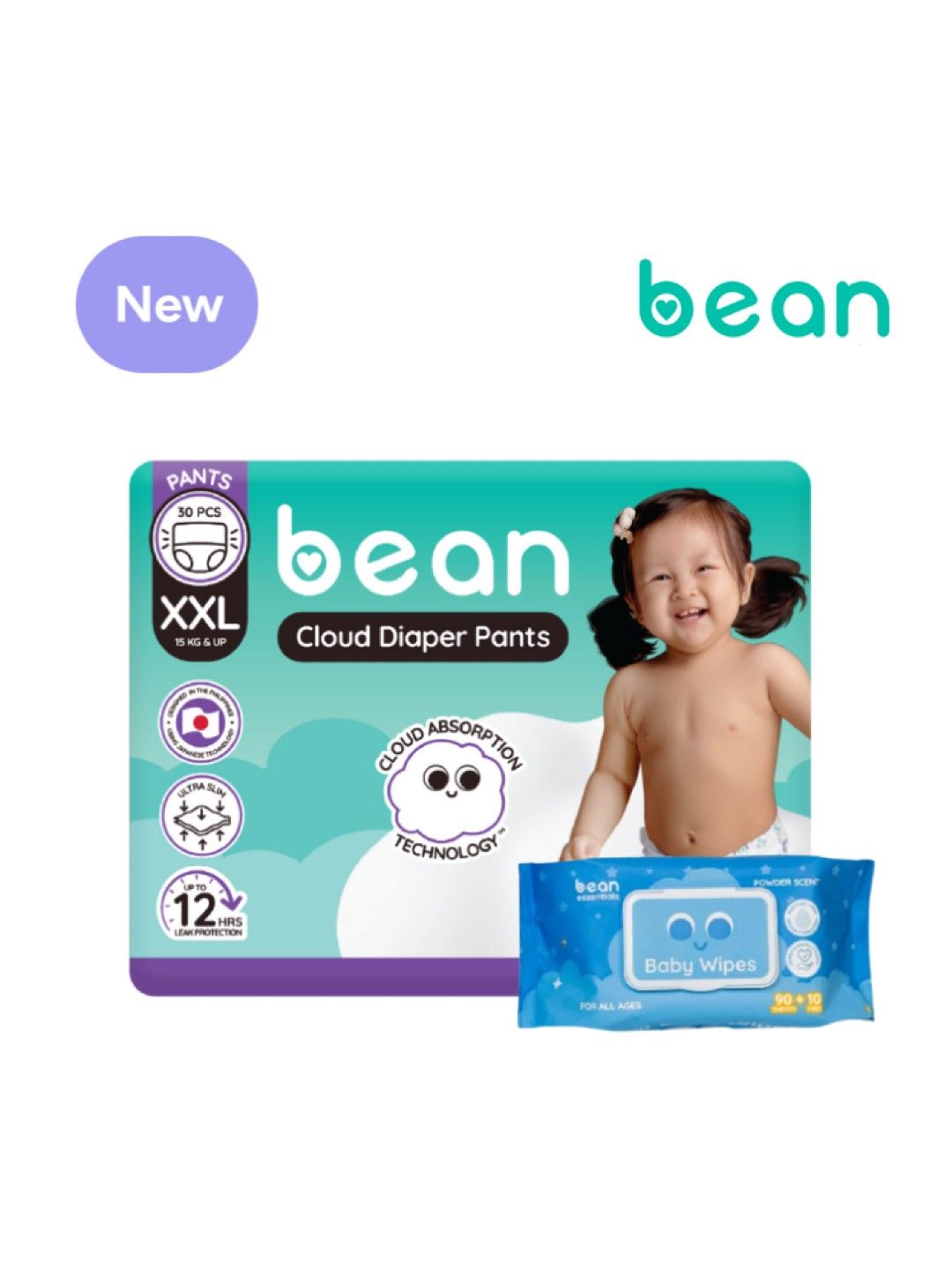 bean Cloud Diapers Pants  XXL (30s) + Powder Scent Wipes (100 sheets)