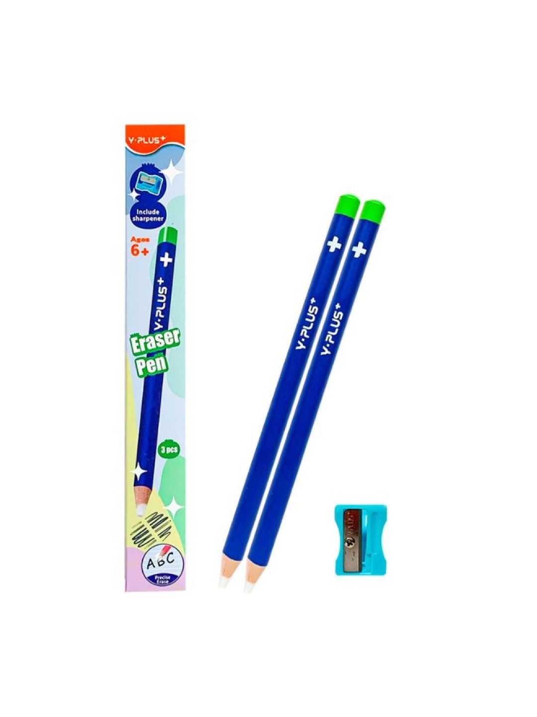 Y-PLUS+ 2 Pieces Eraser Pen with 1 Piece Sharpener (Blue- Image 2)