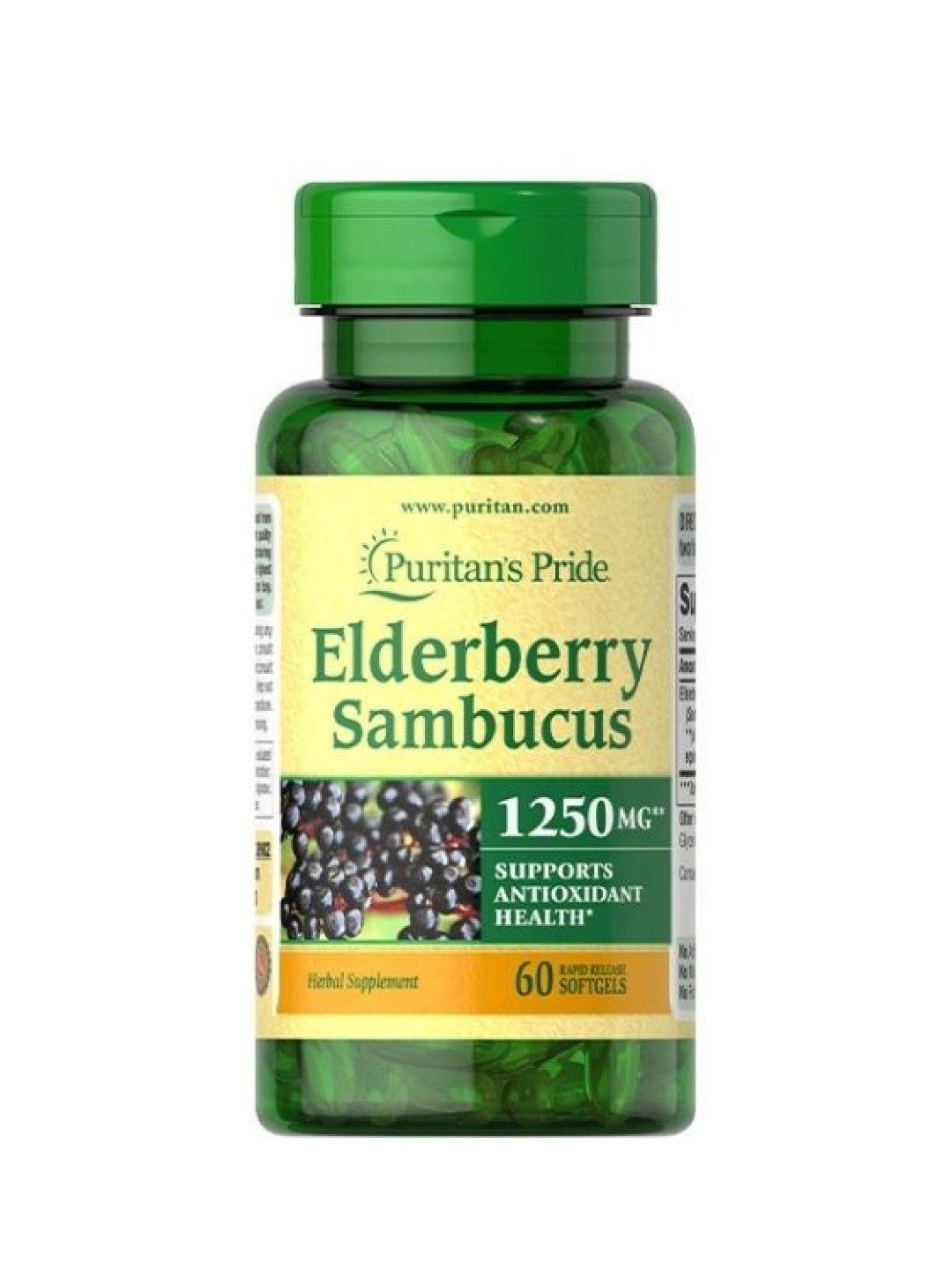 Puritan's Pride Elderberry Sambucus 1250 mg (60 softgels) (No Color- Image 1)