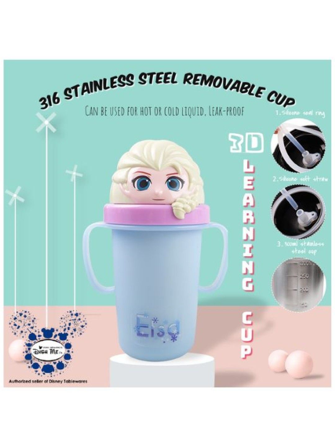 Dish Me PH Disney Elsa - 3D Stainless Learning Sippy Cup with strap (300ml) (No Color- Image 3)