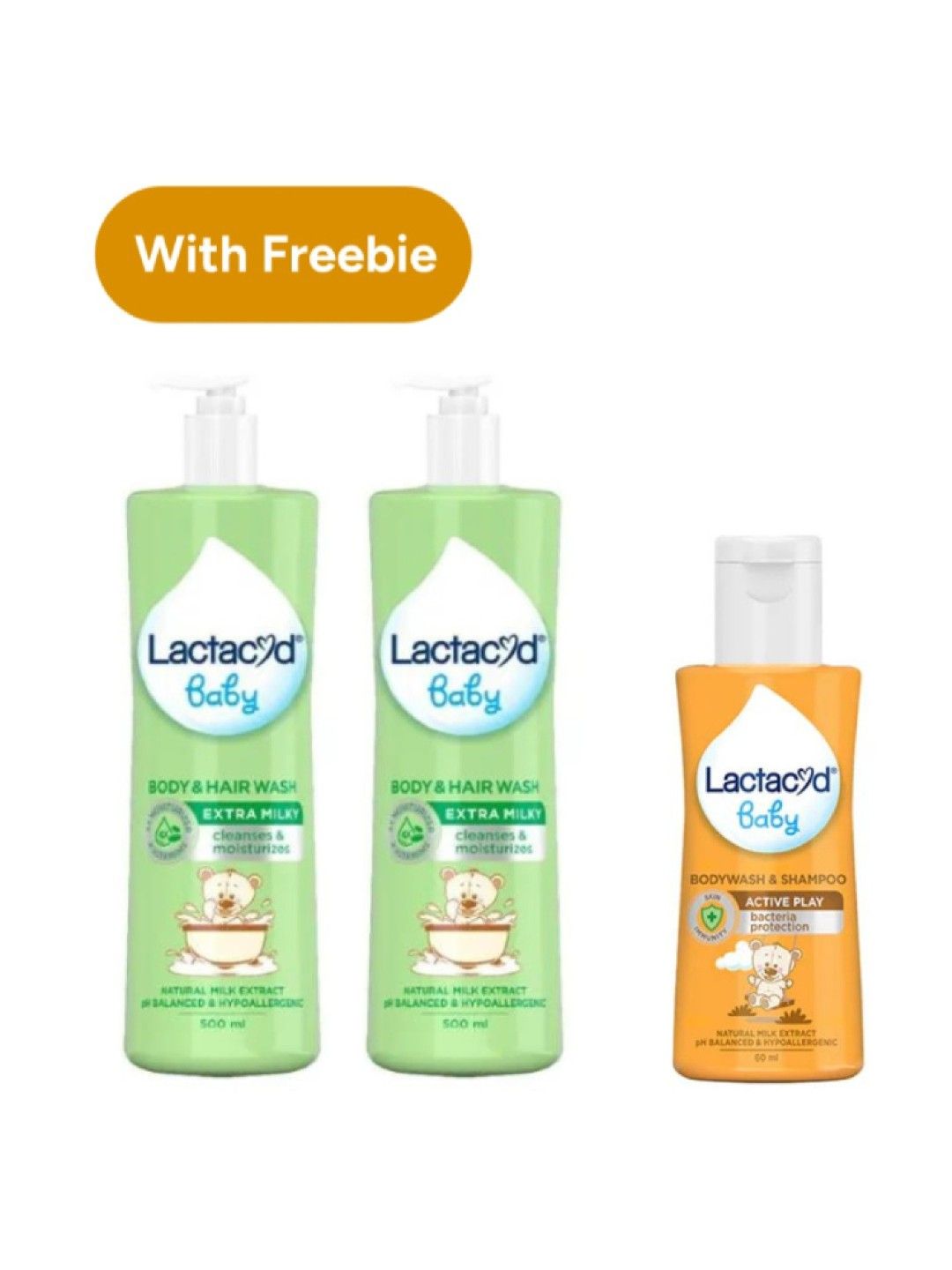 Lactacyd Baby Extra Milky Body & Hair Wash (500ml) x 2 with FREE Active Play Wash (60ml) (No Color- Image 1)