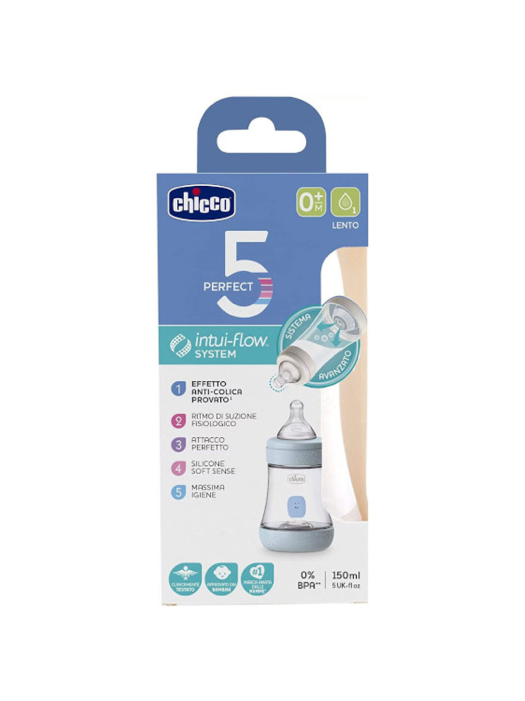 Chicco Feeding Bottle Perfect 5 PP Slow (150ml) (Blue- Image 2)