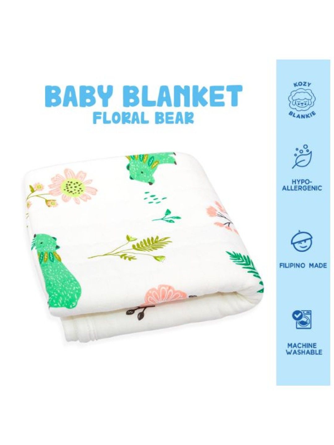 Kozy Blankie Large Reversible Quilt Blanket 100% Cotton - Floral Bear (No Color- Image 2)
