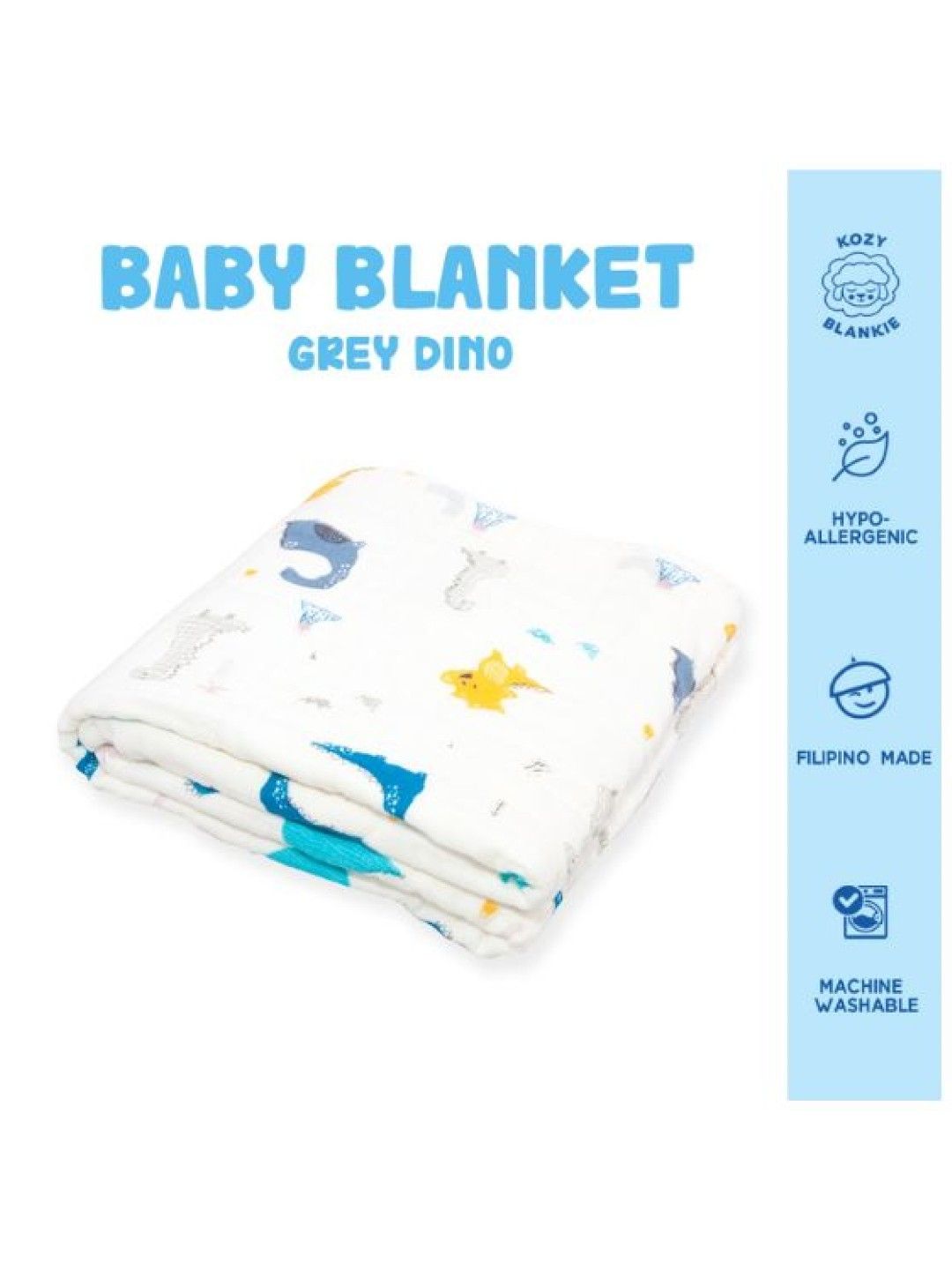 Kozy Blankie 100% Cotton Premium Multi-Purpose Muslin Cloth - Grey Dino (No Color- Image 2)