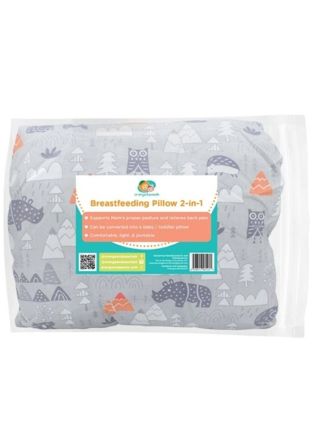 Orange & Peach 2-in-1 Breastfeeding Pillow Baby and Kids Pillow Grey Woodland (No Color- Image 2)