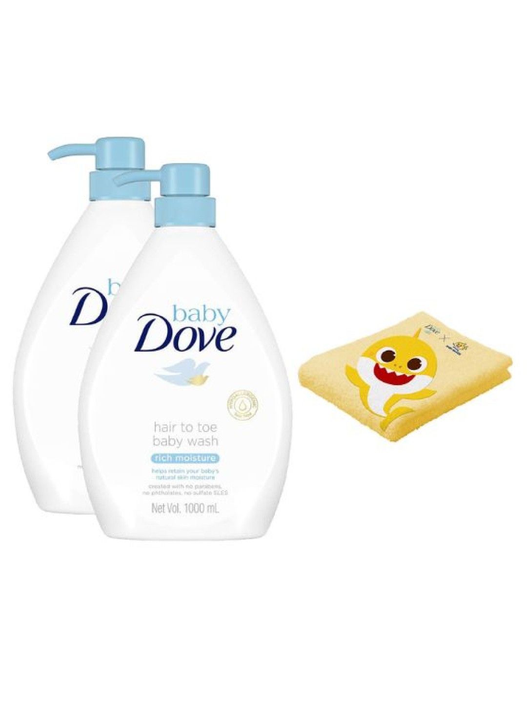 Baby Dove Hair to Toe Wash Rich Moisture 1L 2-pack with FREE Baby Shark Towel (No Color- Image 1)