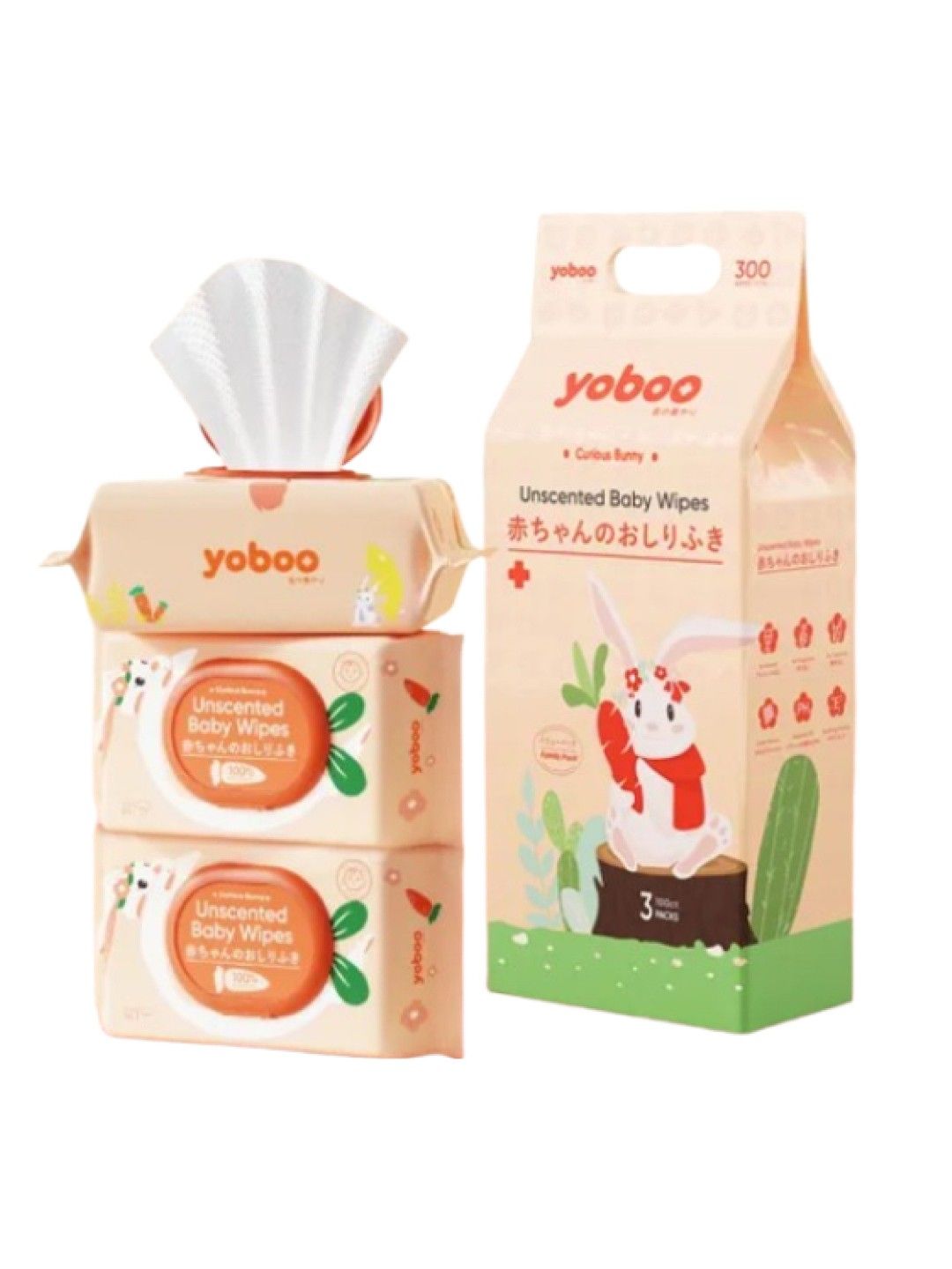 Yoboo Curious Bunny Unscented Baby Wipes - Family Pack (3x100's)