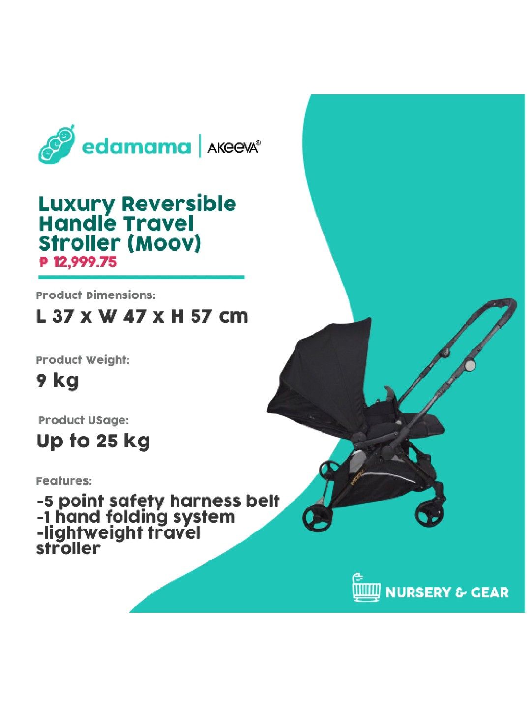 Akeeva Luxury Reversible Handle Travel Stroller (Moov) (Black- Image 2)