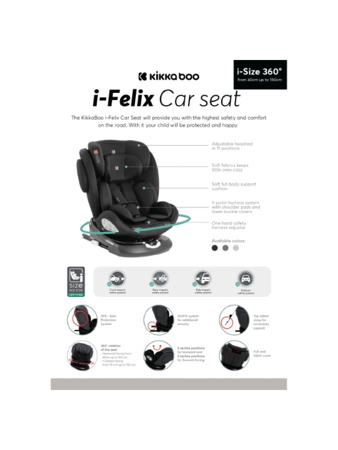 KikkaBoo Car seat 40-150 cm i-Felix i-Size (Black- Image 4)