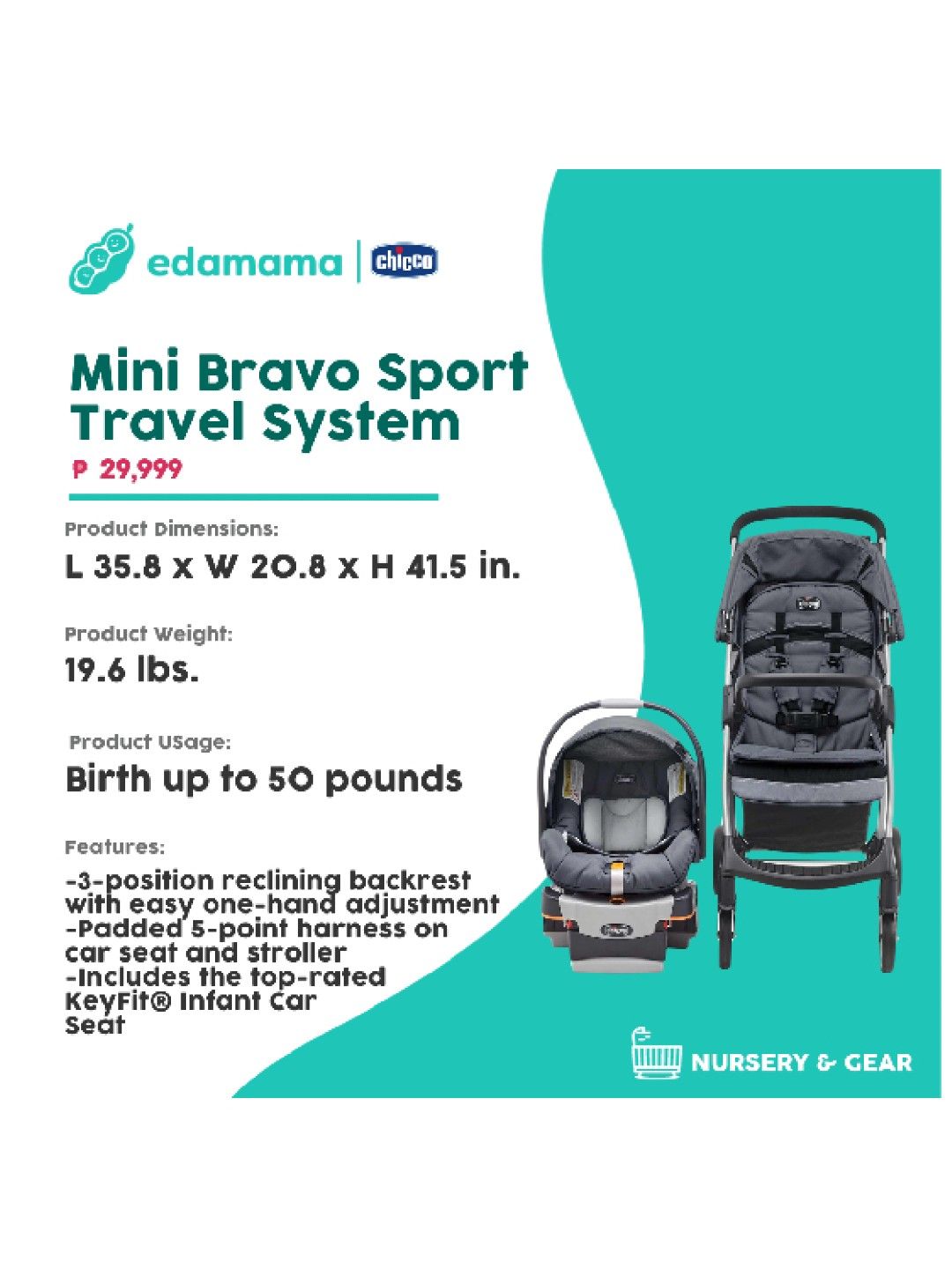 Chicco Mini Bravo Sport Travel System (Stroller with Car Seat) (No Color- Image 2)