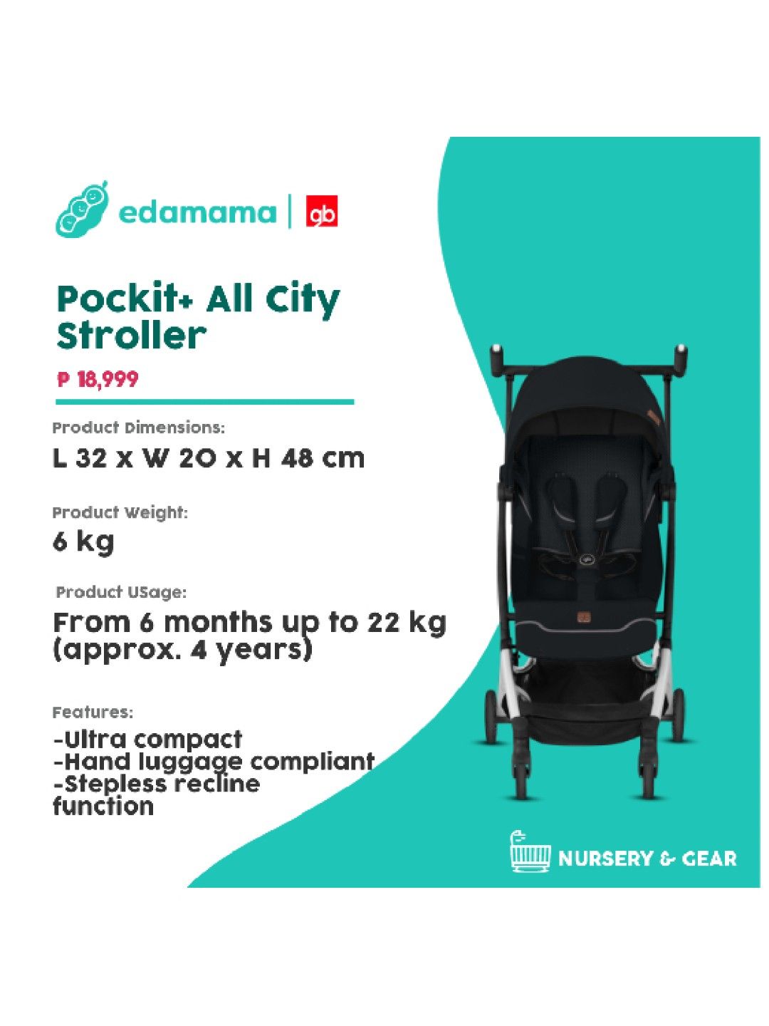 gb Pockit+ All City Stroller (Black- Image 2)