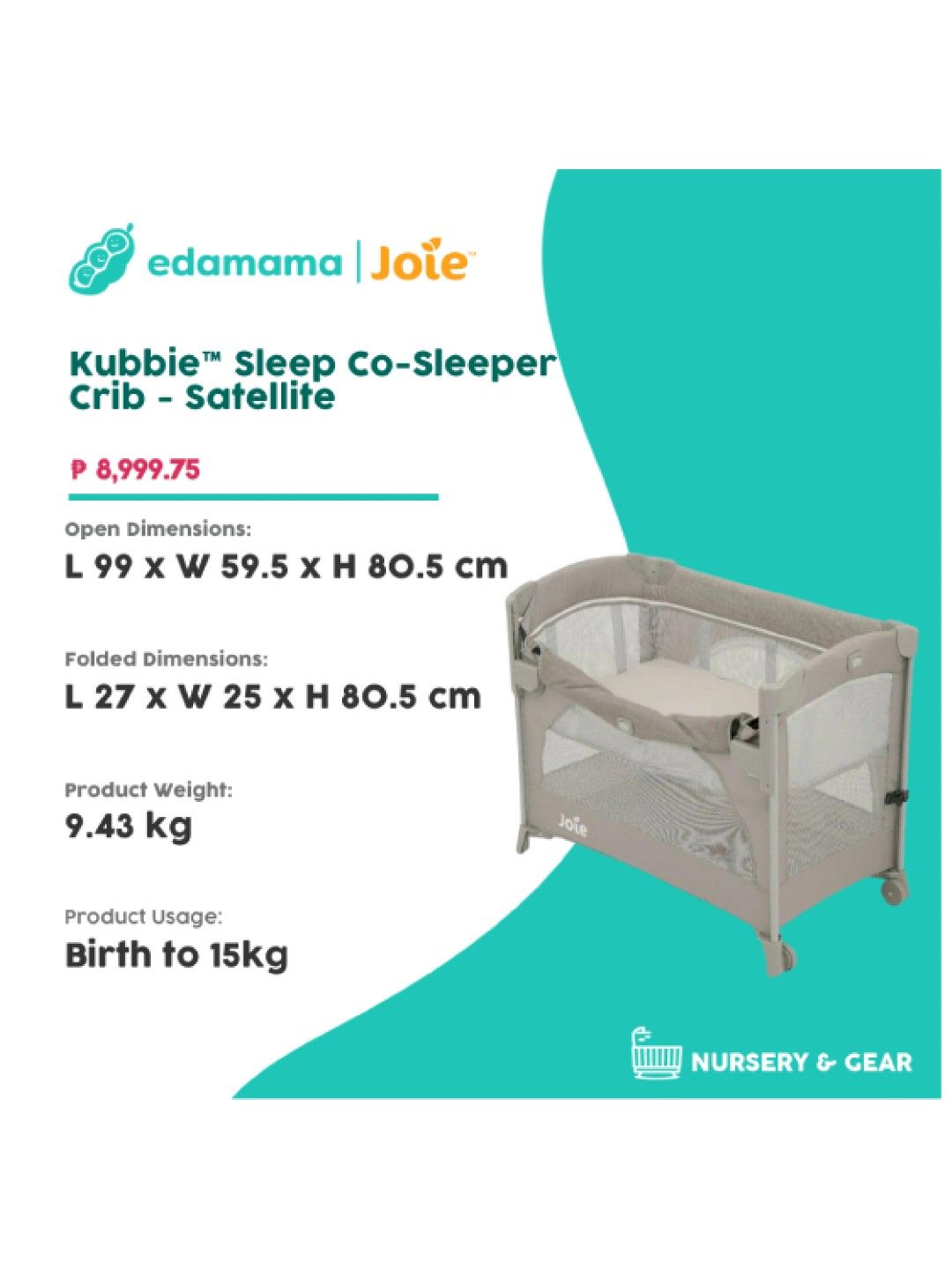 Joie Kubbie Sleep Co-Sleeper Crib - Satellite (No Color- Image 2)