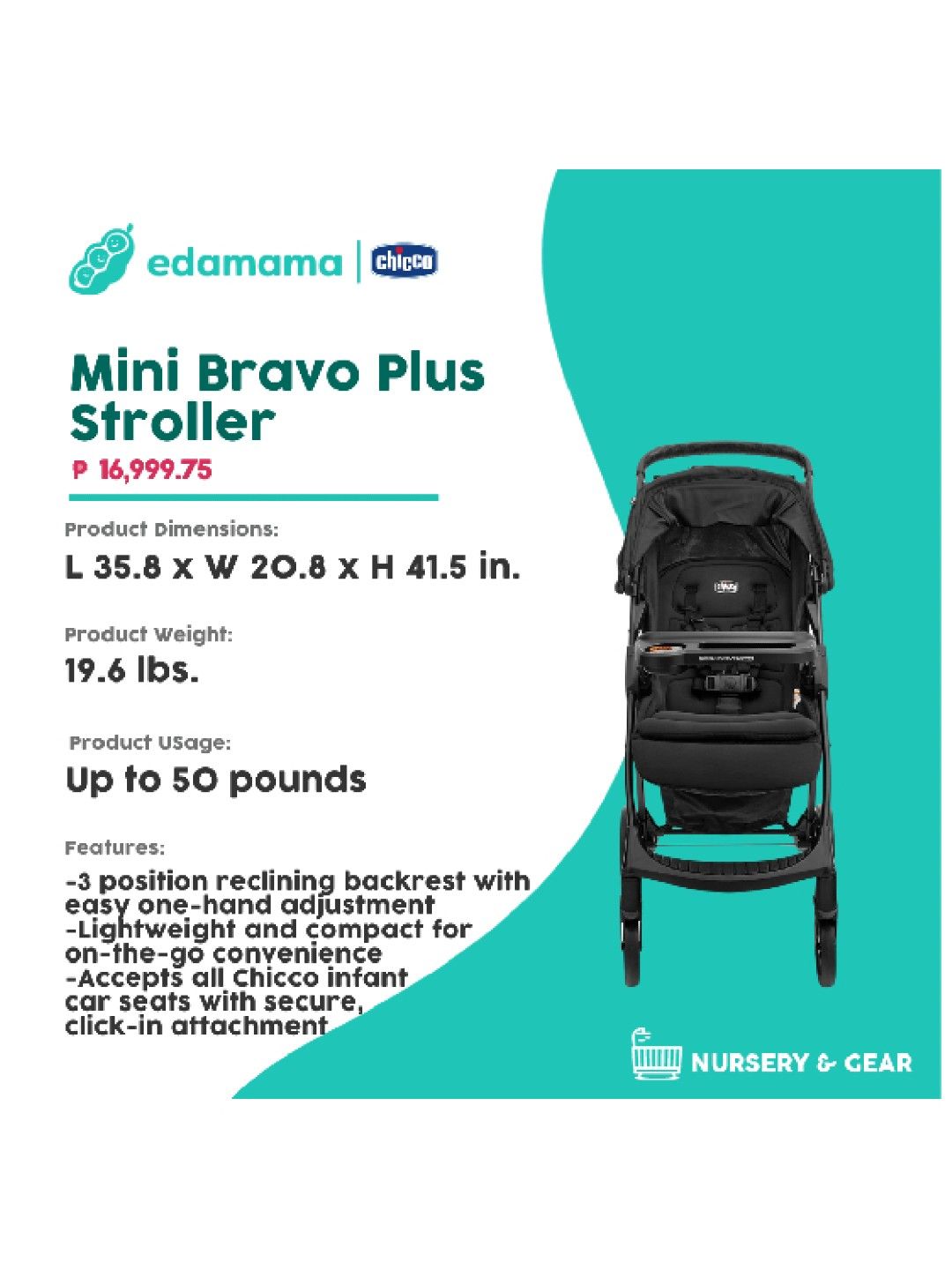 Chicco Mini Bravo Plus Stroller (Storm Grey- Image 2)