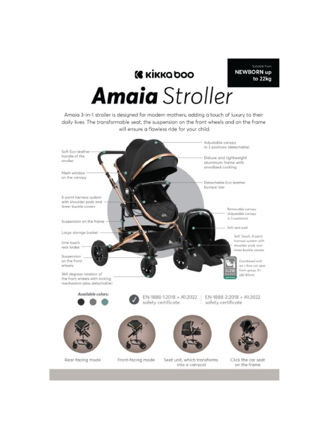 KikkaBoo Stroller 3-in-1 Transformable Seat Amaia (Travel System) (Mint- Image 4)