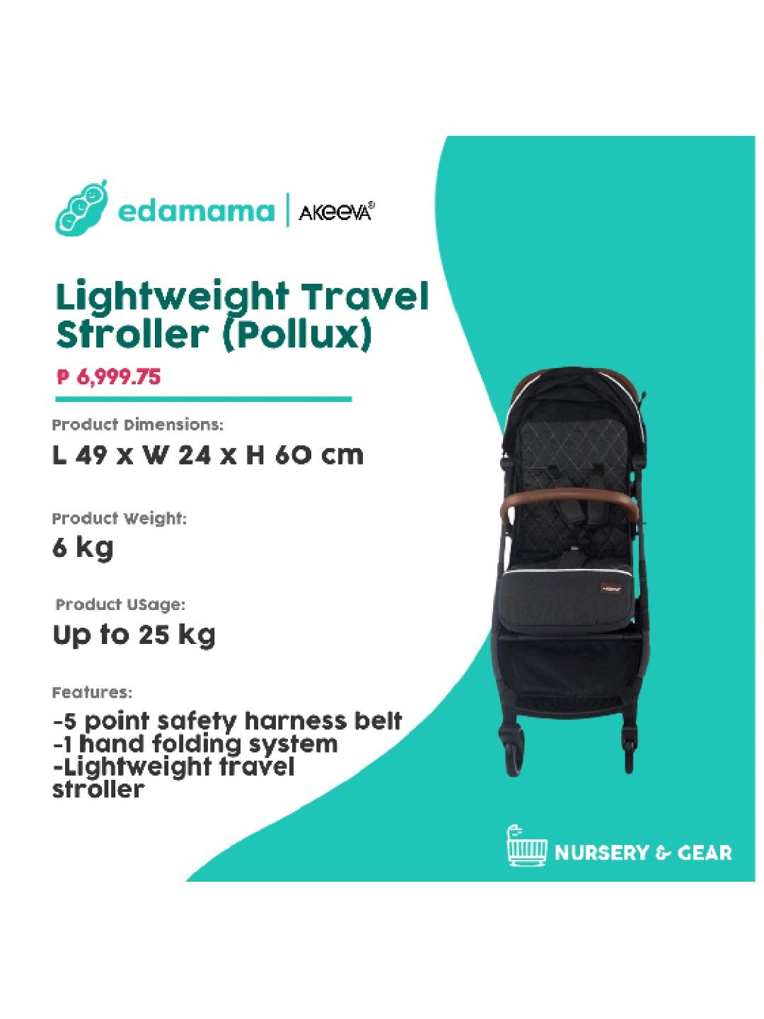 Akeeva Lightweight Travel Stroller (Pollux) (Black- Image 2)