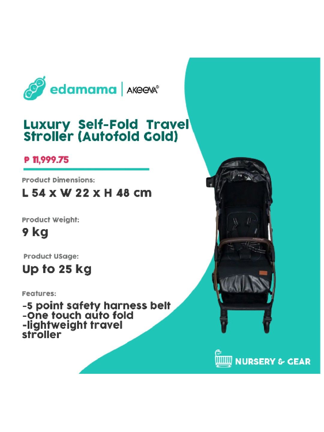 Akeeva Luxury Self-Fold Travel Stroller (Autofold Gold) (Black- Image 2)