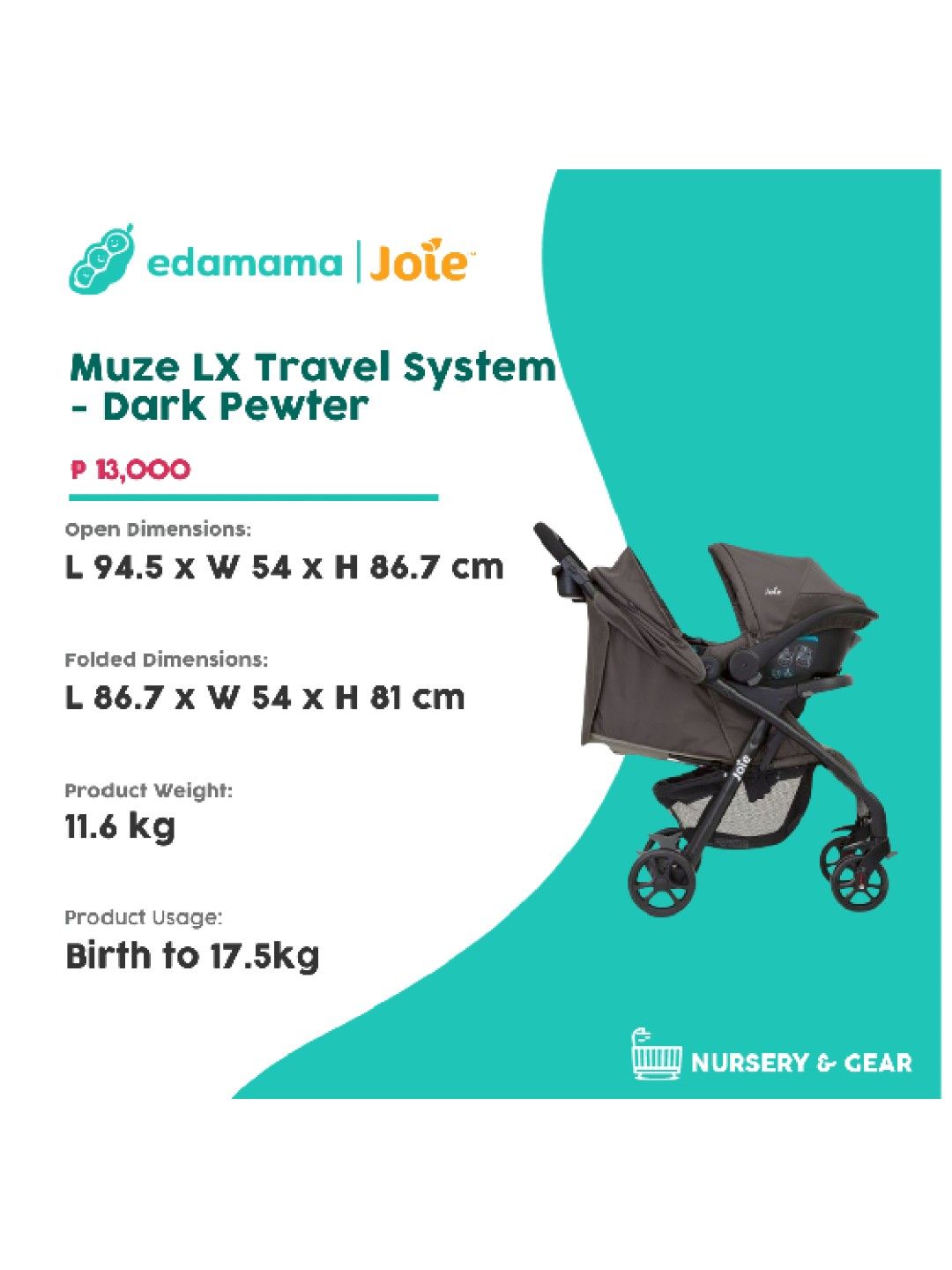 Joie Muze LX Travel System - Dark Pewter (Stroller with Car Seat) (No Color- Image 2)