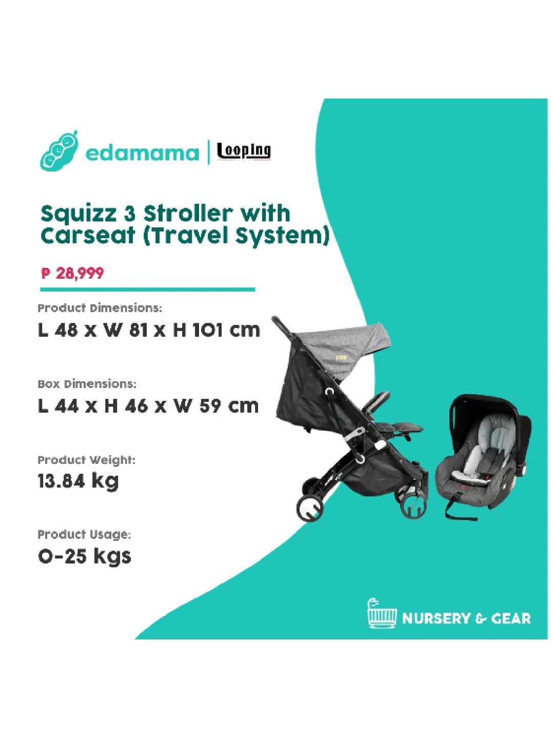 Looping Squizz 3 Stroller with Carseat (Travel System) (Grey & Black- Image 2)