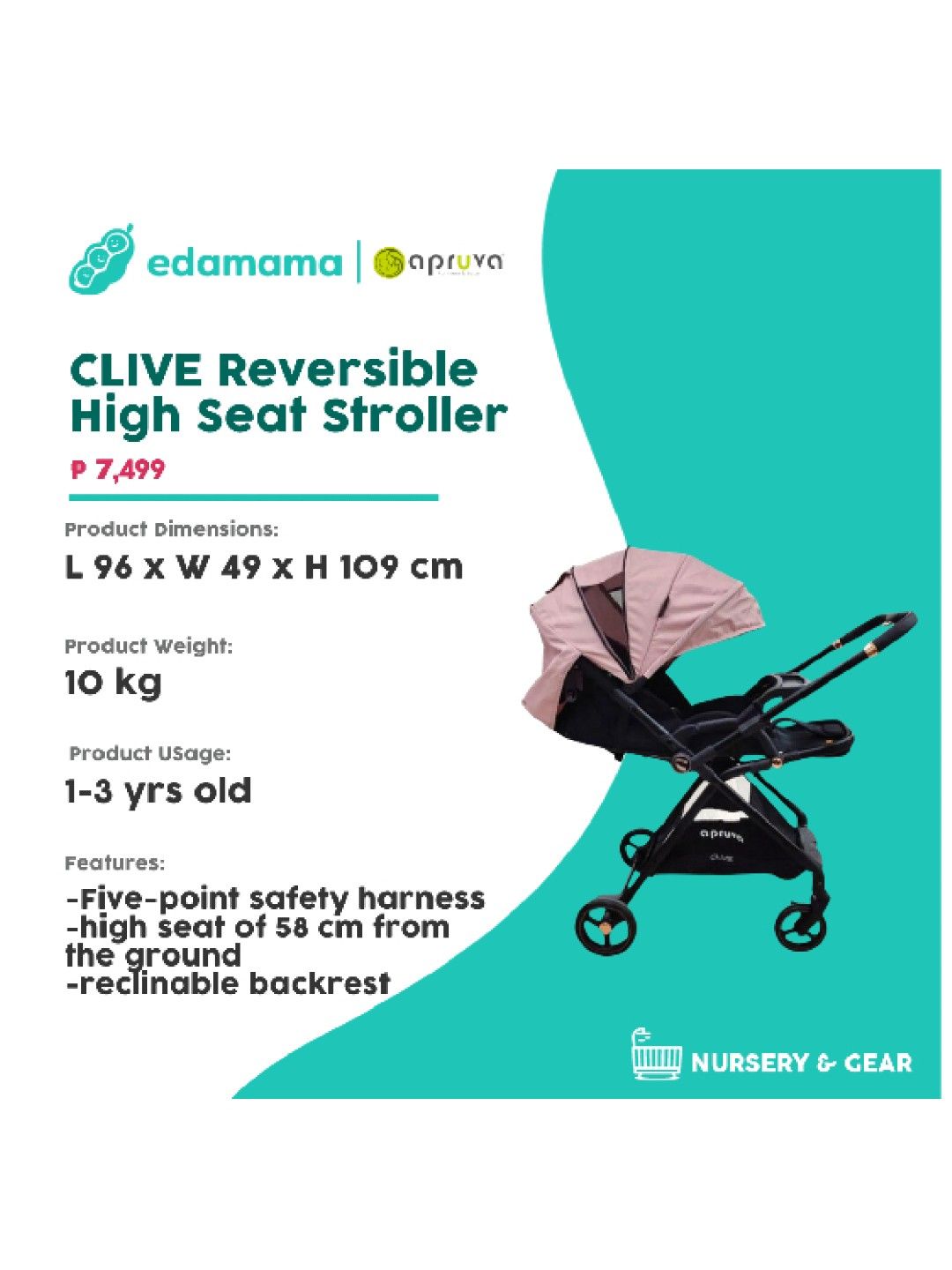 Apruva CLIVE Reversible High Seat Stroller (Pink- Image 2)