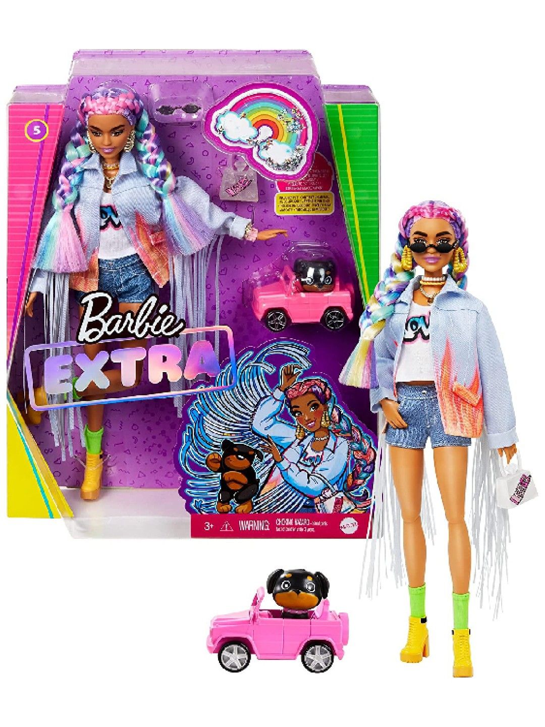 Barbie Extra Doll #5 In Long-Fringe Denim Jacket With Pet Puppy (No Color- Image 1)