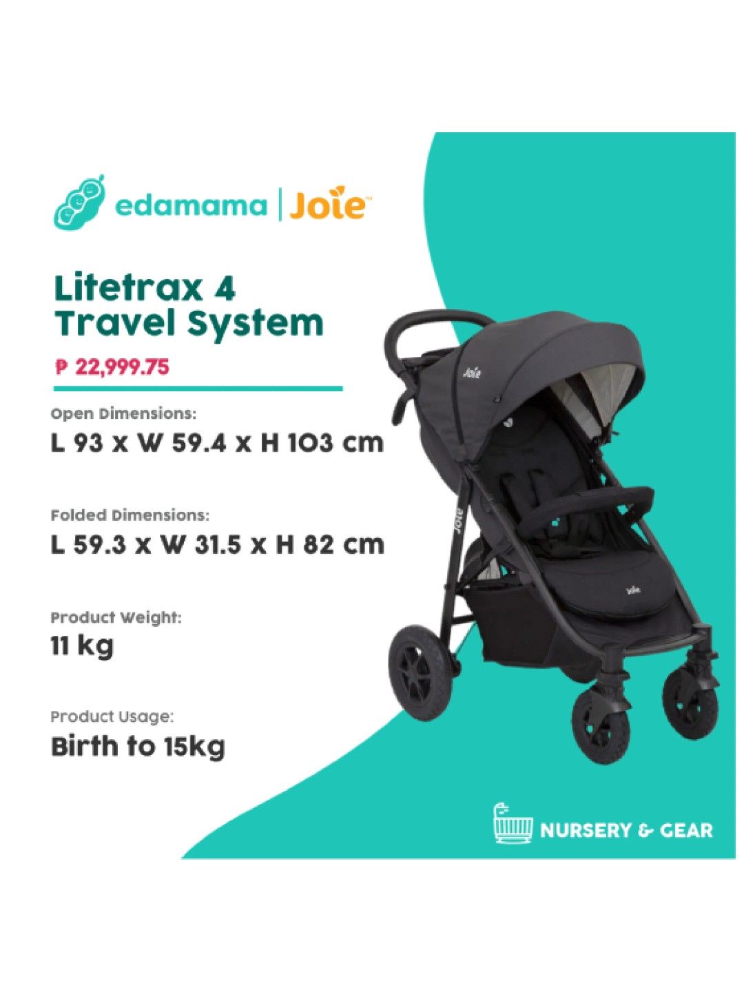 Joie Litetrax 4 Travel System - Coal (Stroller with Car Seat) (No Color- Image 2)